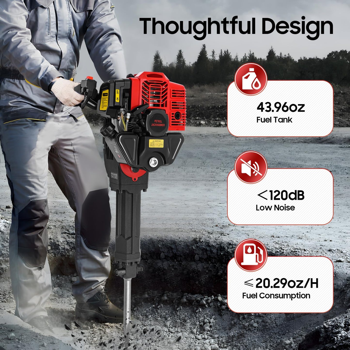 Petrol Garden Tree Digger,52cc 2 Stroke Excavator Digging Machine,1900w 6500r/min Post Hole Digger mit Wide Shovel&Pointed Pickaxe&Flat Pickaxe,Handheld Trencher Digger Machine for Garden and Farm