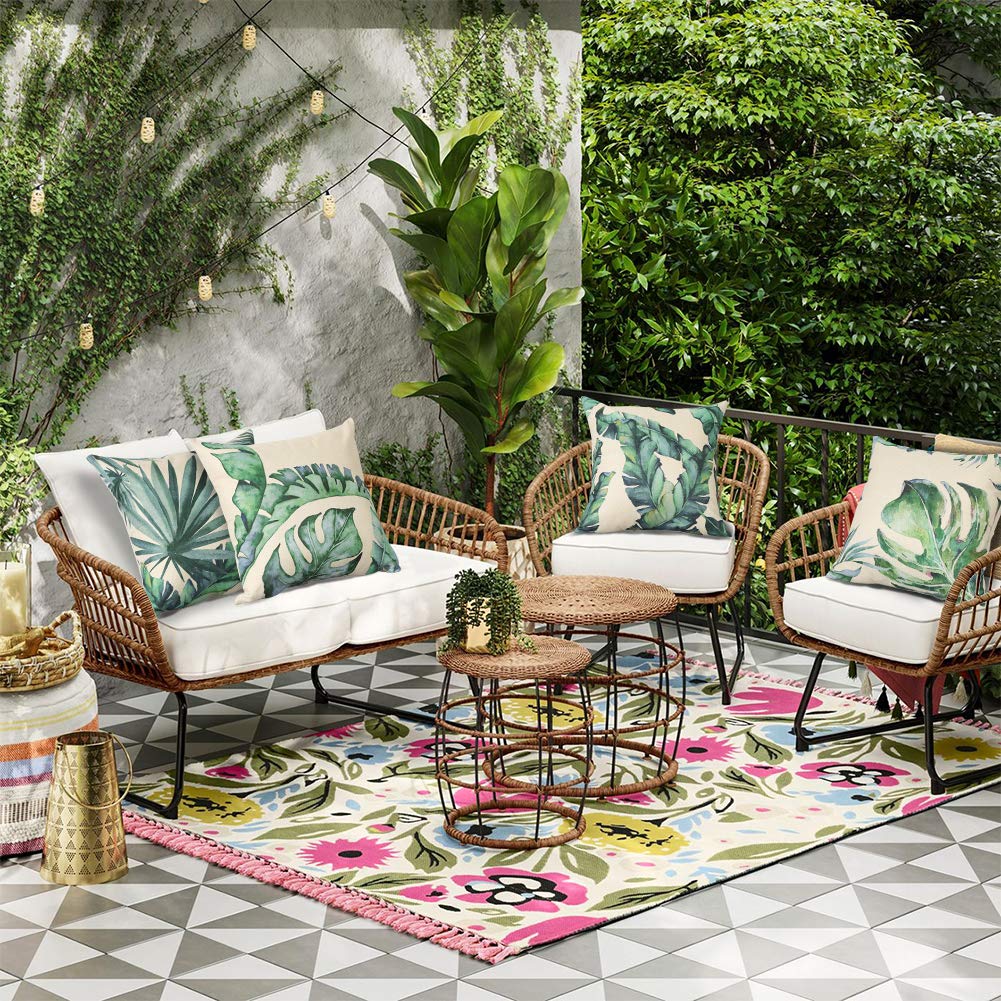 Artscope Set of 4 Decorative Cushion Covers 45x45cm, Tropical Plants Waterproof Throw Pillow Covers, Perfect to Outdoor Patio Garden Bench Living Room Sofa Farmhouse Decor