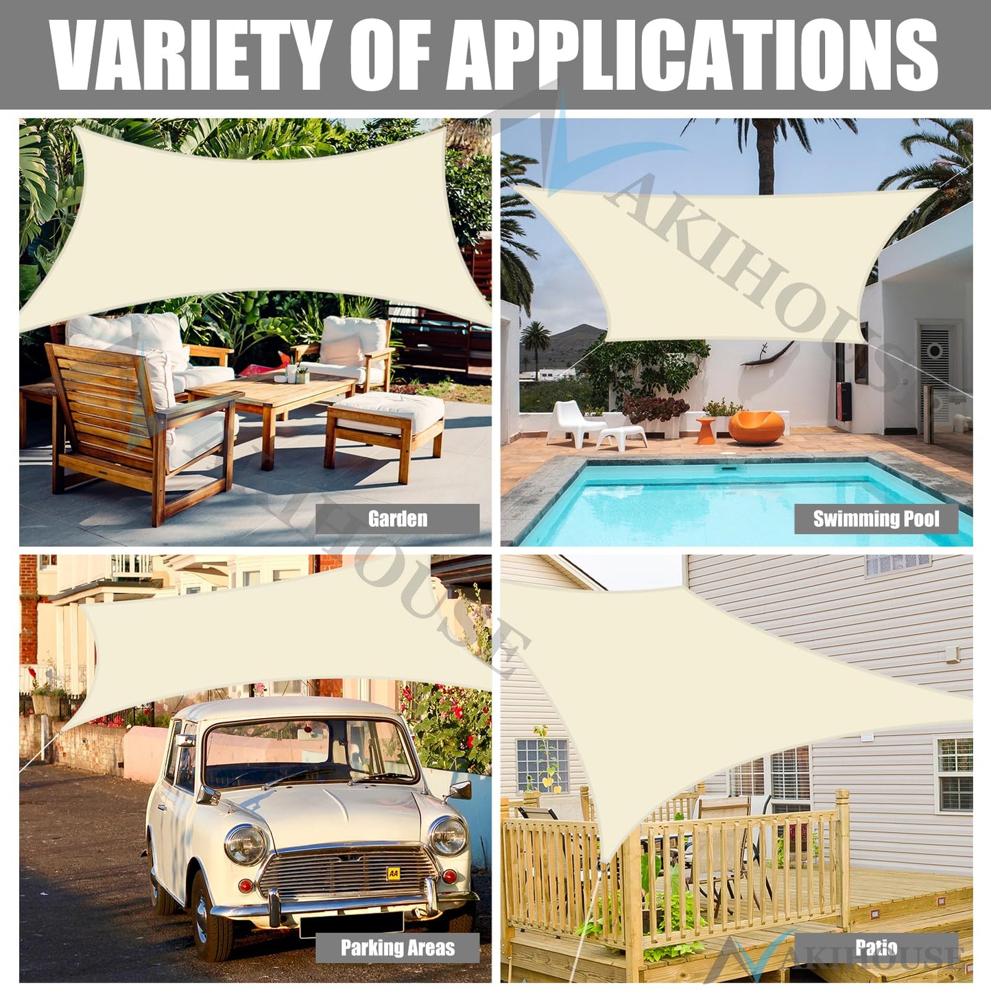 NAKIHOUSE Sun Shade Sail 6m x 4m Rectangle Waterproof Sunscreen Awning Canopy with Fixing Kit 95% UV Block Sun Shades for Outdoors, Garden, Patio, Yard, Party (Cream)