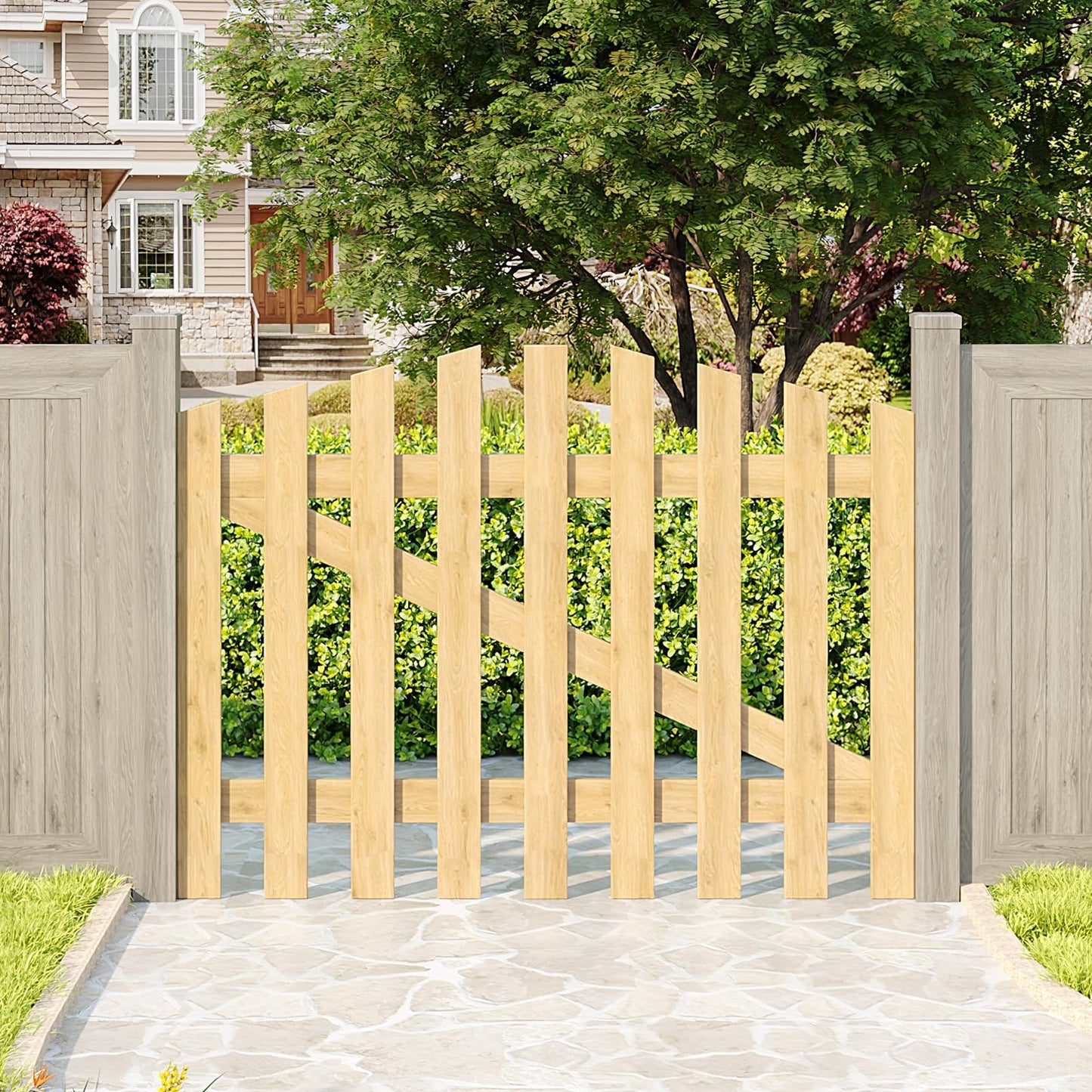 INMOZATA Garden Gate Wooden Pedestrian Gate with Gate Lock and Hinge, 2.5ft Wide x 4ft High (76cm Wide*120cm High)