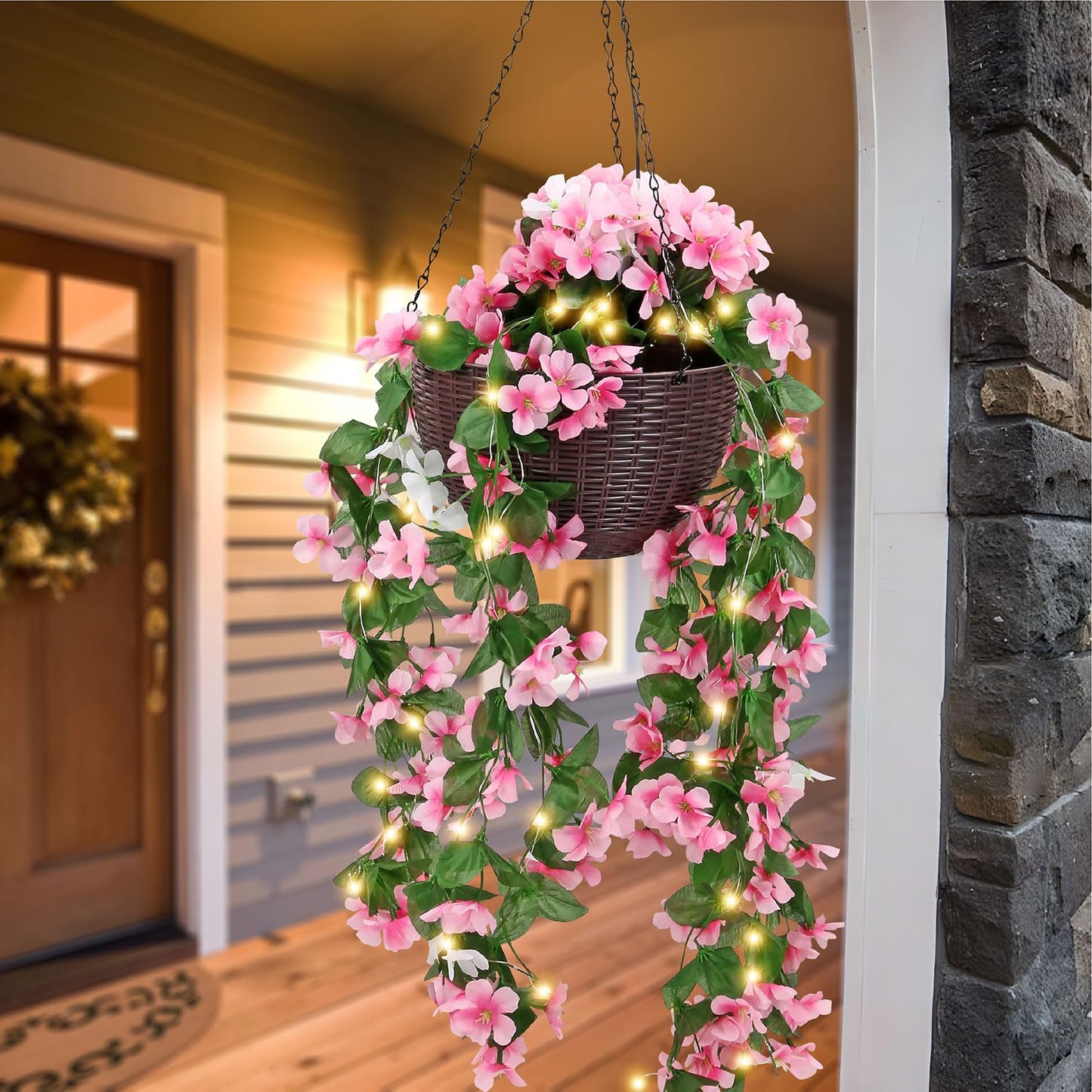 Taylor & Brown Solar Powered Artificial Floral Outdoor Hanging Basket With 80 LED's Brown Rattan Effect Planter for Patio Lawn Garden Landscape Décor with Chain