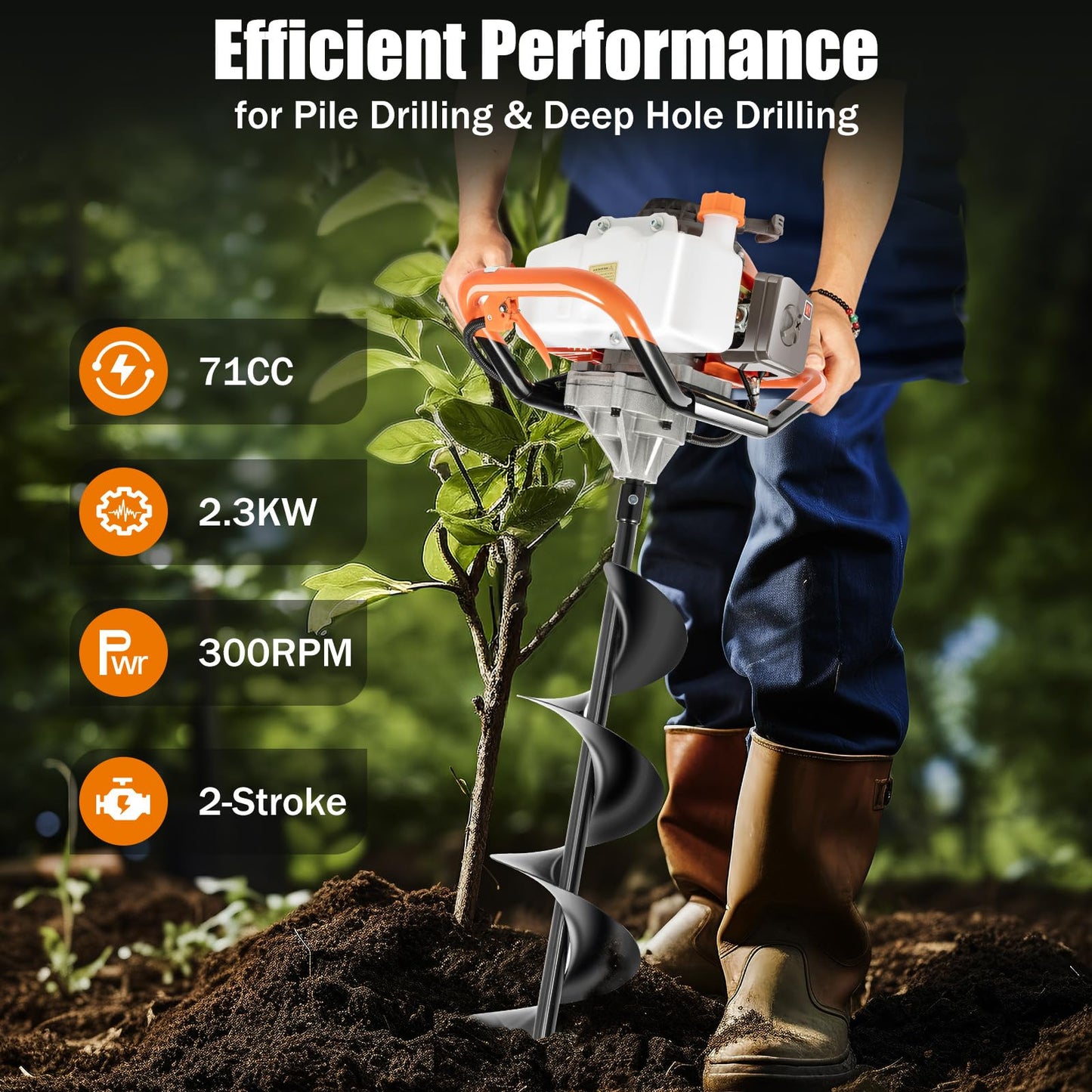 71cc 2-Stroke Petrol Earth Auger, Fence Posts 2.3 kW Petrol Drill (with 3 Bits) 100 mm 150 mm 200 mm, 2 Stroke Auger Post Hole Digger, for Digging Holes on Ice or Other Surfaces