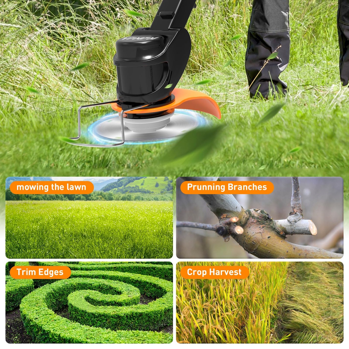 Cordless Strimmer, 24V Electric Grass Trimmers with 6x Metal Blades & 10x Plastic Blades, Telescopic Garden Strimmer with 2X 4000mAh Batteries, Battery Strimmer Grass Cutter for Garden Lawn Shrubs