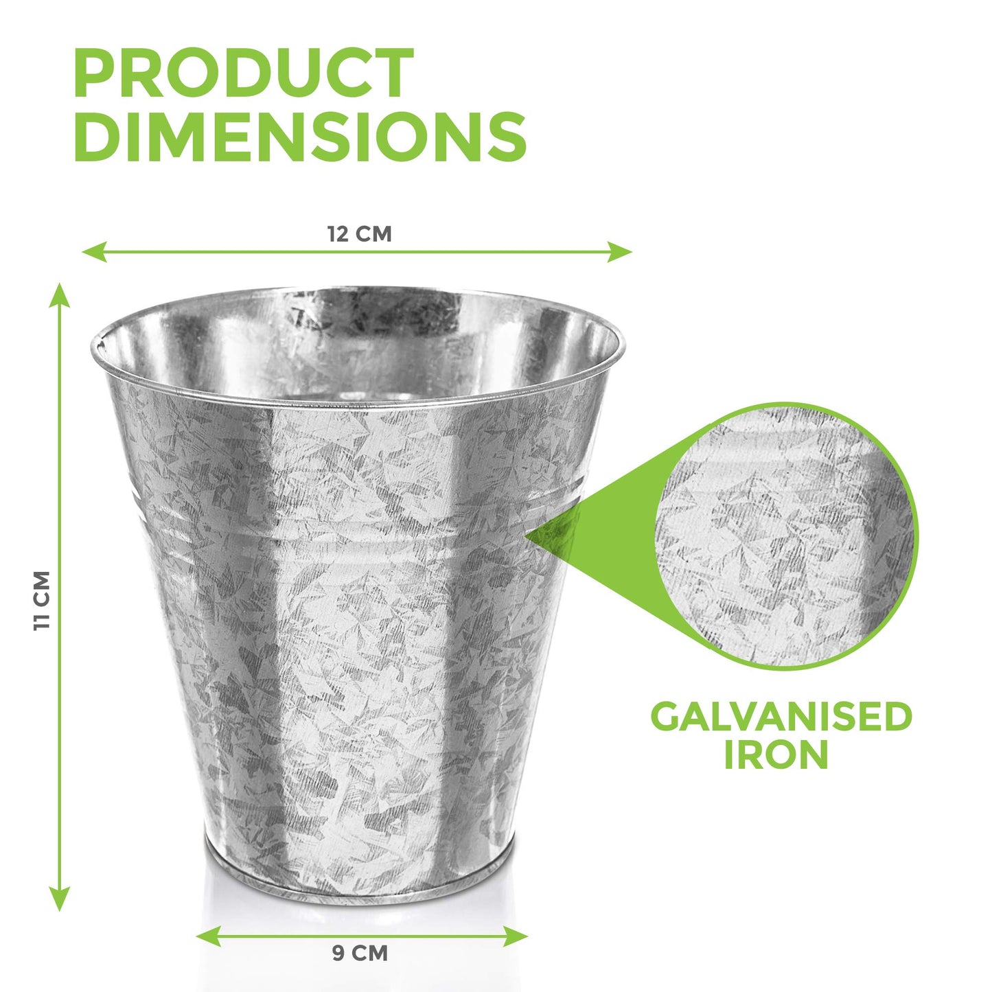 LIVIVO Pack of 12 Galvanised Iron Metal Flower Pots in Weather Resistant Metal for Indoor or Outdoor Use, Great for Plants, Herb Collection, Flowers and Shrubs