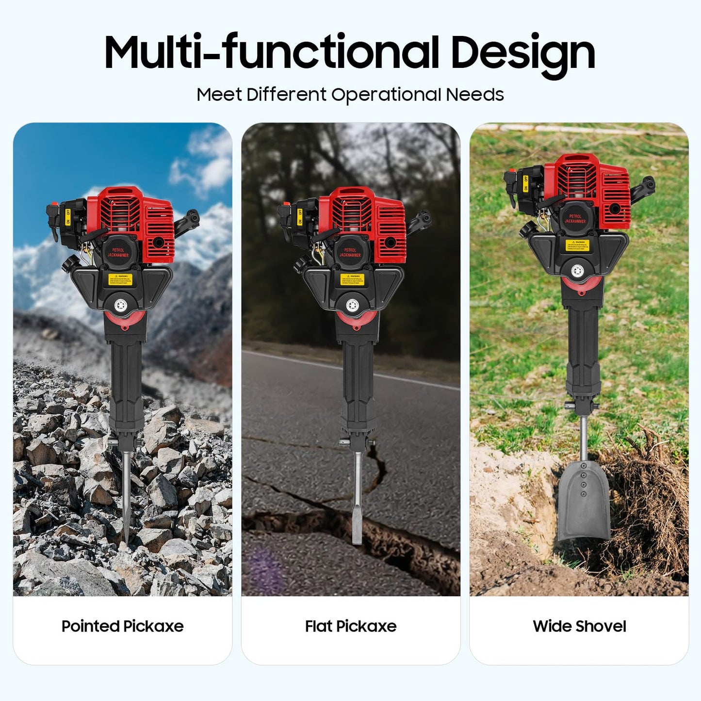 Petrol Garden Tree Digger,52cc 2 Stroke Excavator Digging Machine,1900w 6500r/min Post Hole Digger mit Wide Shovel&Pointed Pickaxe&Flat Pickaxe,Handheld Trencher Digger Machine for Garden and Farm