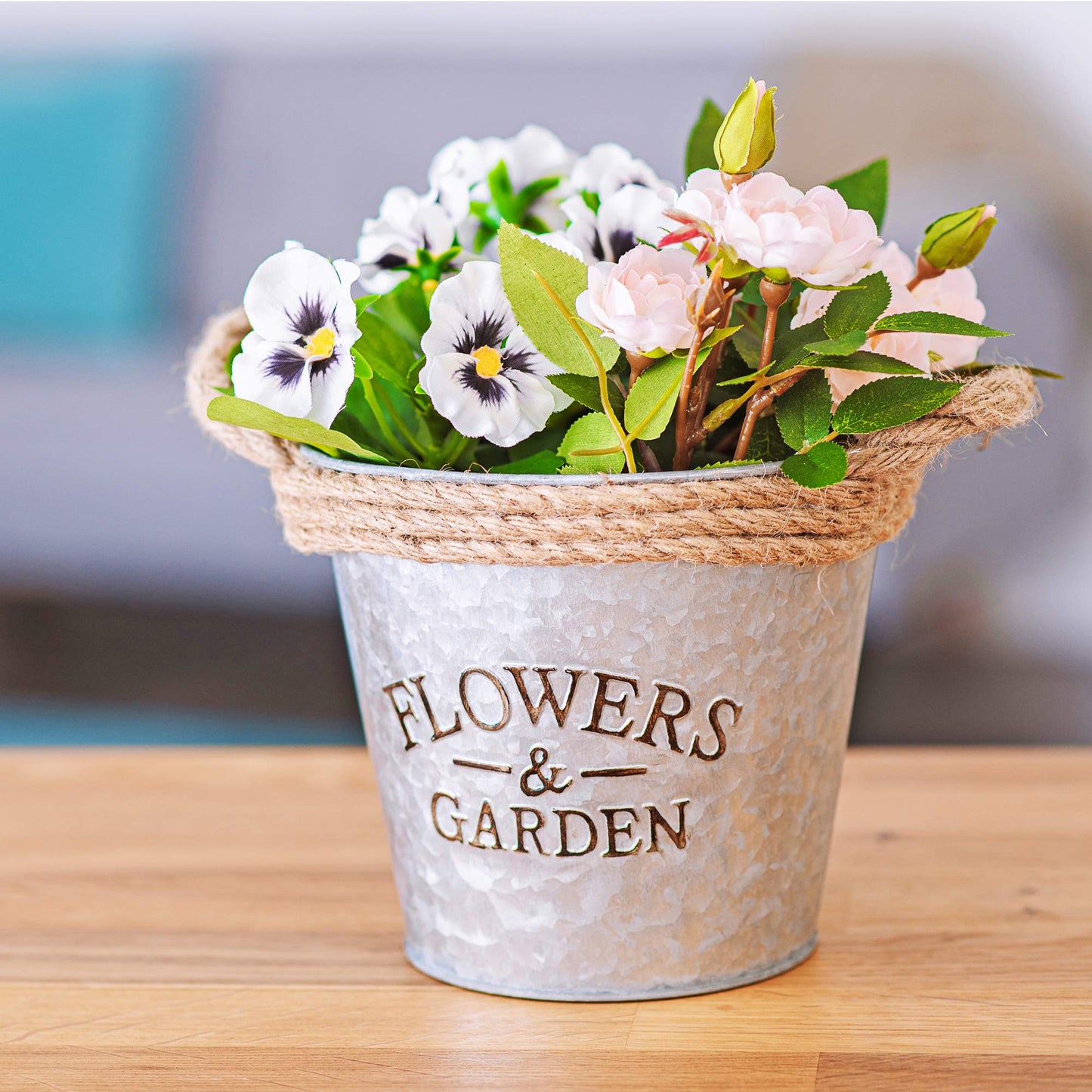 LIVIVO Zinc Plant Pot with Anti-Slug Cotton Rope Handles and 'Flowers & Garden' Design for Outdoor or Indoor Garden, Flower Pot, Herb Garden or Avocado Vase (Set of 3, Round)