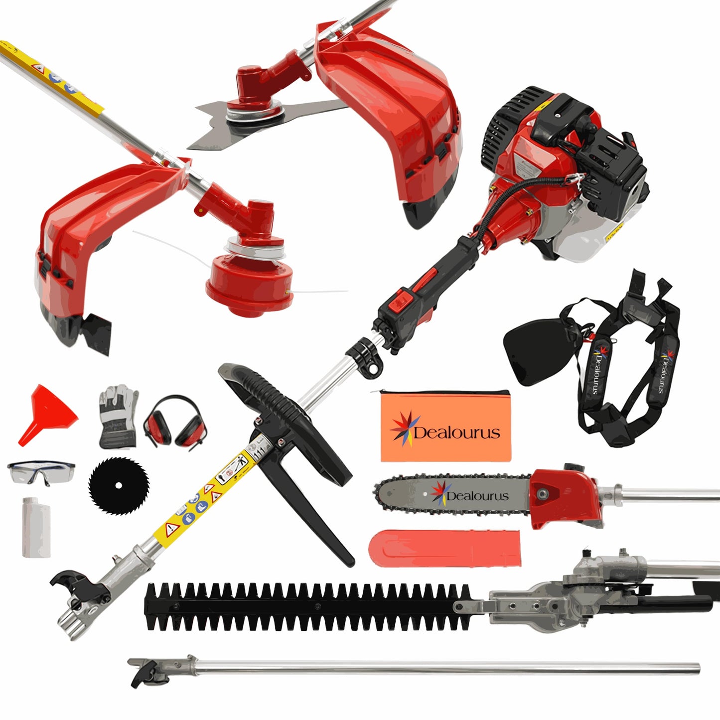 52cc 5 in 1 Multi Function Garden Tool Petrol Strimmer Hedge Cutter Chainsaw Trimmer Pruner & Extension Pole Recoil Start