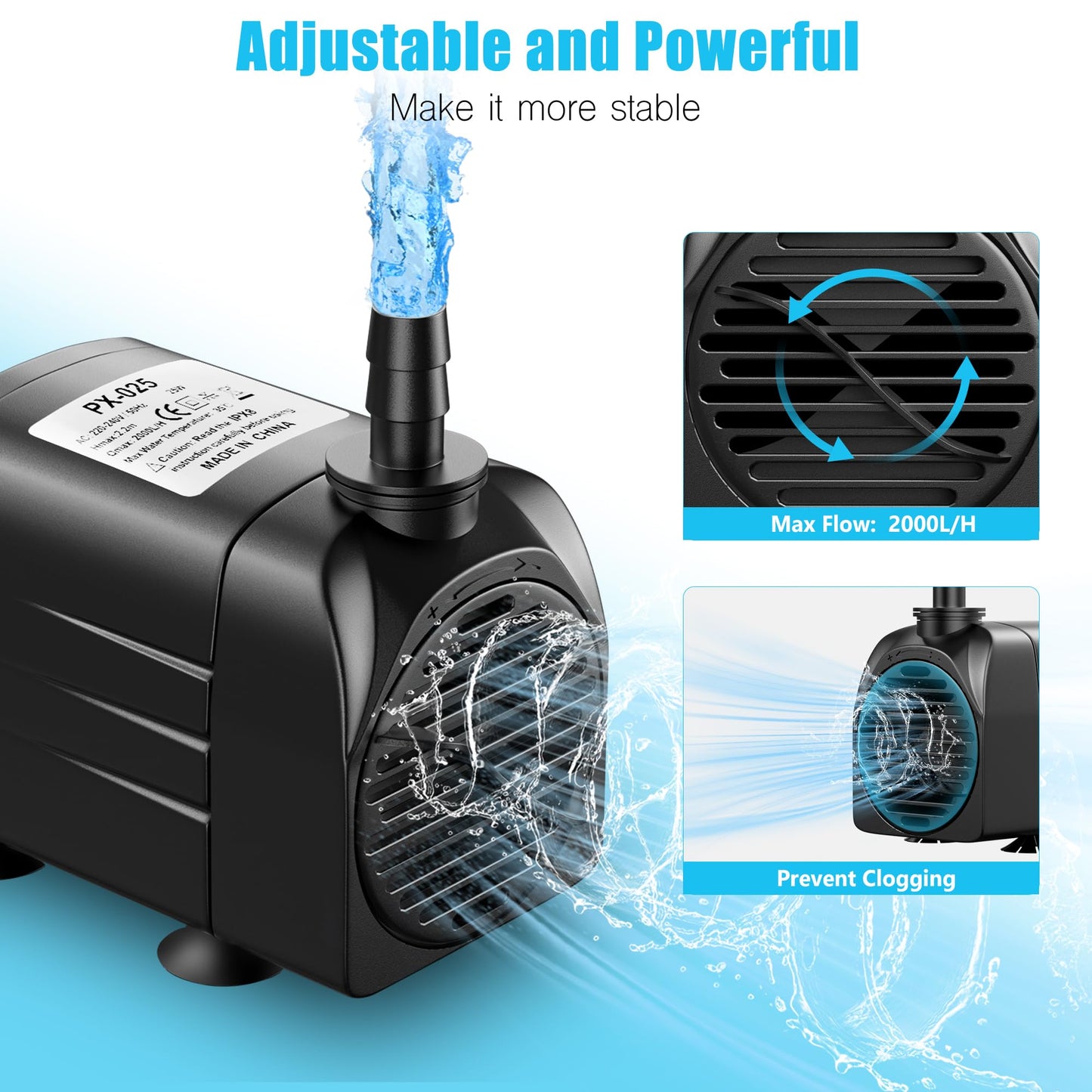Lnicez Submersible Pump Max 2000L/H 25W, Dry Burning Protection, Ultra Quiet Design, 2.2 m High Lift, Fountain Pump for Hydroponics, Ponds, Aquariums,Garden & More PX-025 (No Light)
