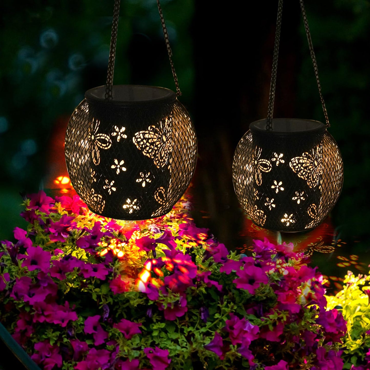 Neoglint Butterfly Solar Lanterns Light, 2 Pcs Outdoor Hanging Garden Lights Metal Lamp IP65 Waterproof Garden Ornaments Lantern Lights for Patio Yard Garden Lawn