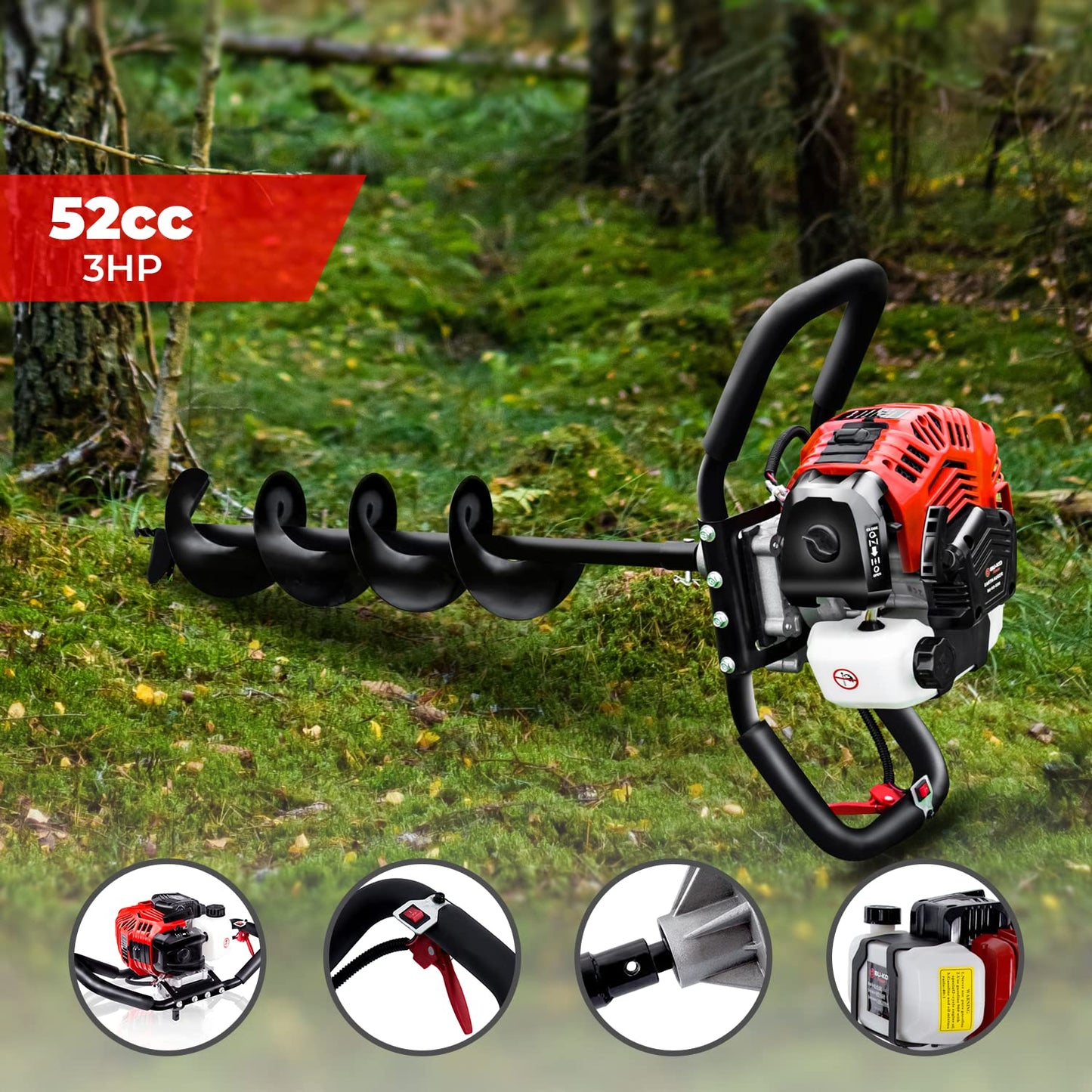 BU-KO 52CC 2Stroke Petrol Earth Auger Fence Post Ground Hole Borrer Digger 3HP V-Type | 3 Drill Bits Diameter (100,150,200mm), Safety Gear, Post Level & Extension