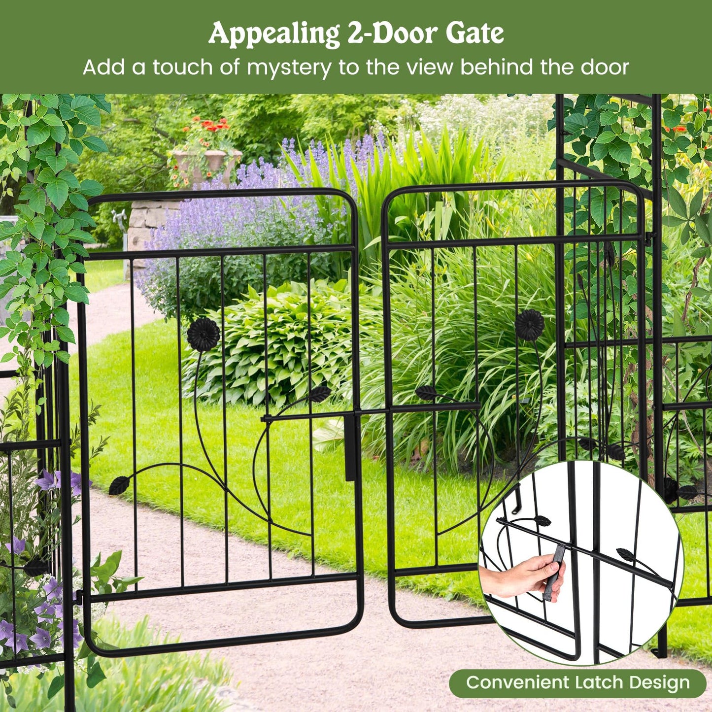 COSTWAY Garden Arch with with Gate and Planter Boxes, 2.2M Metal Pergola Arbor Trellis for Climbing Plant Rose Vines, Plants Support Archway for Lawn Backyard Party Wedding