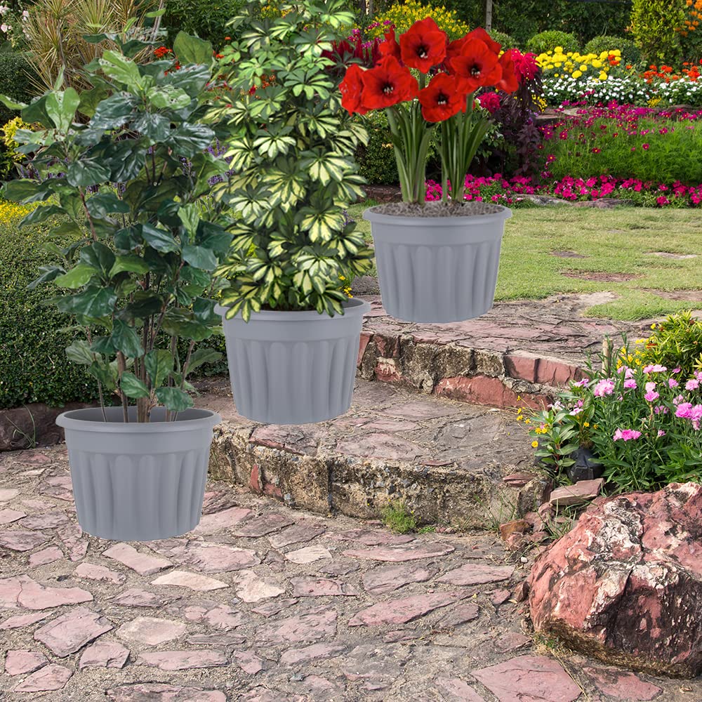 (60cm, 69L, Pack of 3) Extra Large Upcycled Grey Traditional Round Plastic Planter Flower Pot Nursery Planter Decorative Garden Container for Plants/Flowers/Vegetables Indoor and Outdoor Planter Pot