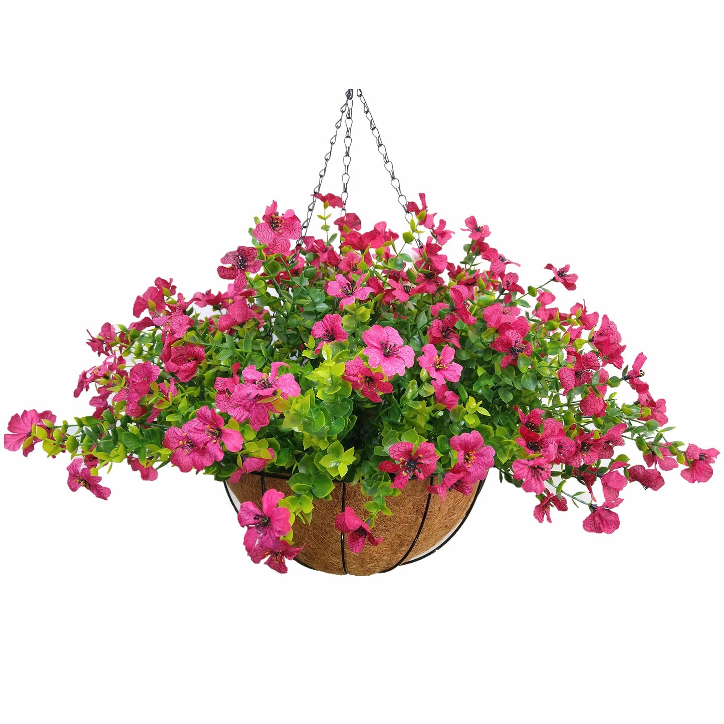 Home Decoration Silk Fabric Fake Flowers DIY Chain Hanging Basket Parlor Garden Wedding Ornaments Cute Pink Artificial Flower Eucalyptus Magnolia (Pink- Big basket)