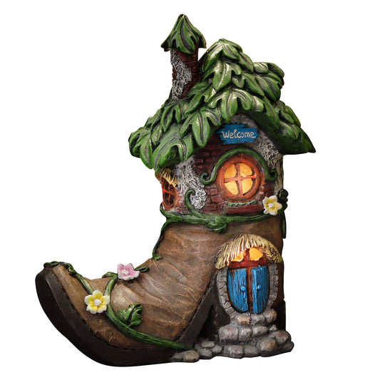 TERESA'S COLLECTIONS Garden Ornaments Outdoor, Lovely Fairy Boot House Solar Light, Waterproof Resin Fairy House Ornaments, New Year Gifts, Indoor Outdoor 21.5CM