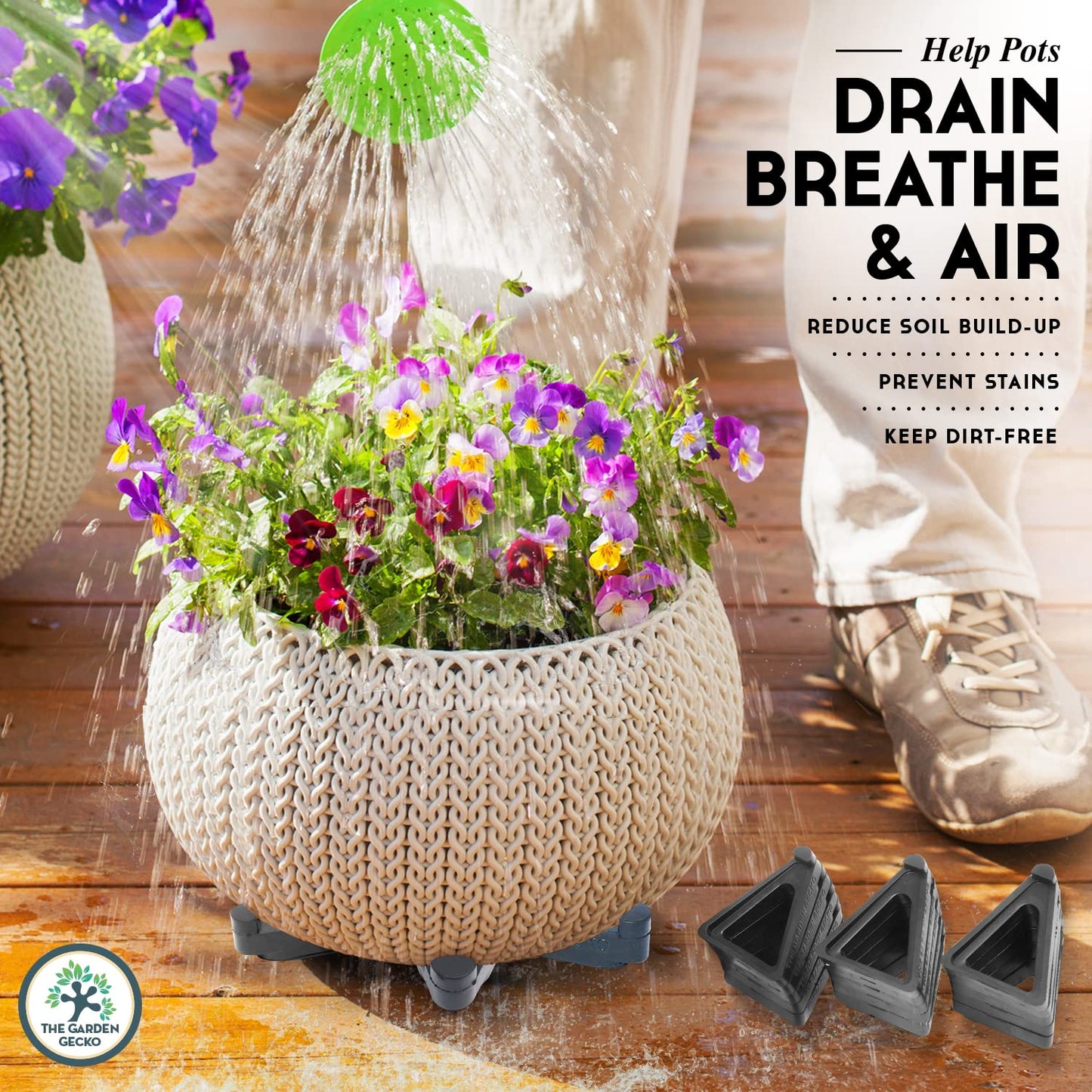 The Garden Gecko Pot feet for outdoor plant pots and flowers, SOLID EPDM RUBBER pot risers with a custom non-slip surface grip | 24 Triangle Hollow Pot-Toe Pcs