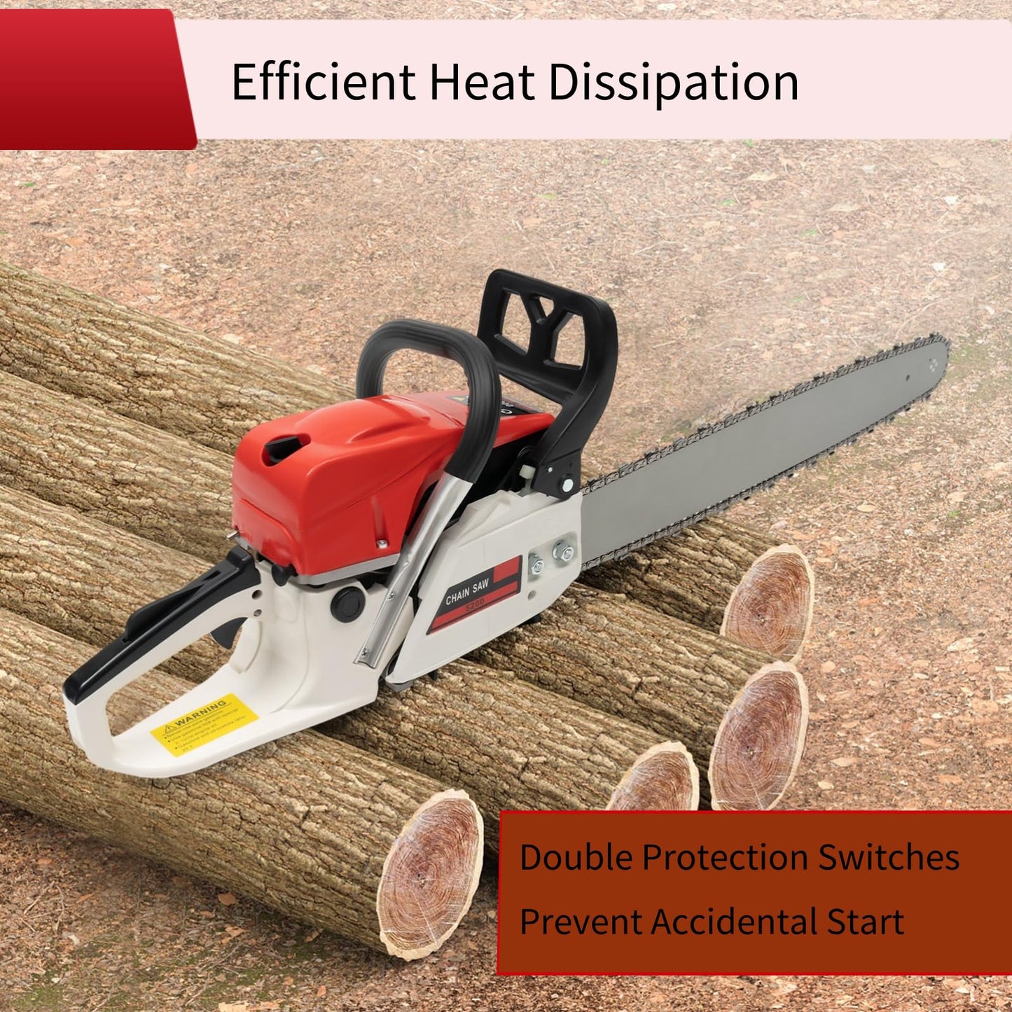 52cc Petrol Chainsaw, 2.0kW 2-Stroke 22 inch Wood Cutting Chainsaw, 7500rpm High-Speed Performance, Manual Pull-Start Handle