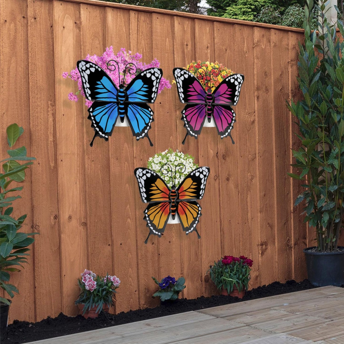 Taylor & Brown Set of 3 Metal Butterfly Wall Flower Pots Garden Ornaments Outdoor, Wall Art Big Butterfly Hanging Decorations for Outside Garden Shed Fence Yard, 27x27cm