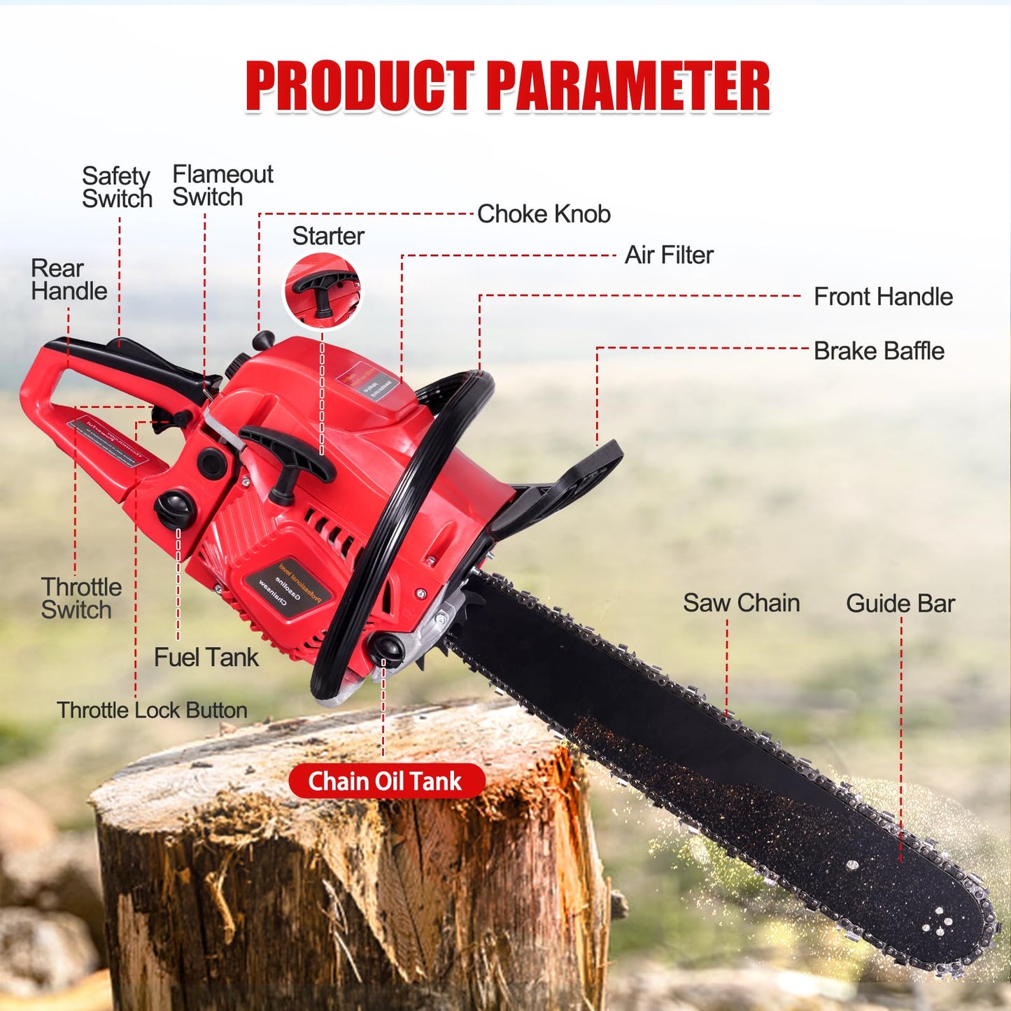 Bellanny 52cc 20inch Petrol Chainsaw, 4.2KW 11500PRM Powerful Gasoline Chainsaw, 2-Stroke Engine with 550ML Large Capacity Fuel Tank, Metal Saw Blade for Trimming Branches or Felling Big Trees - Red
