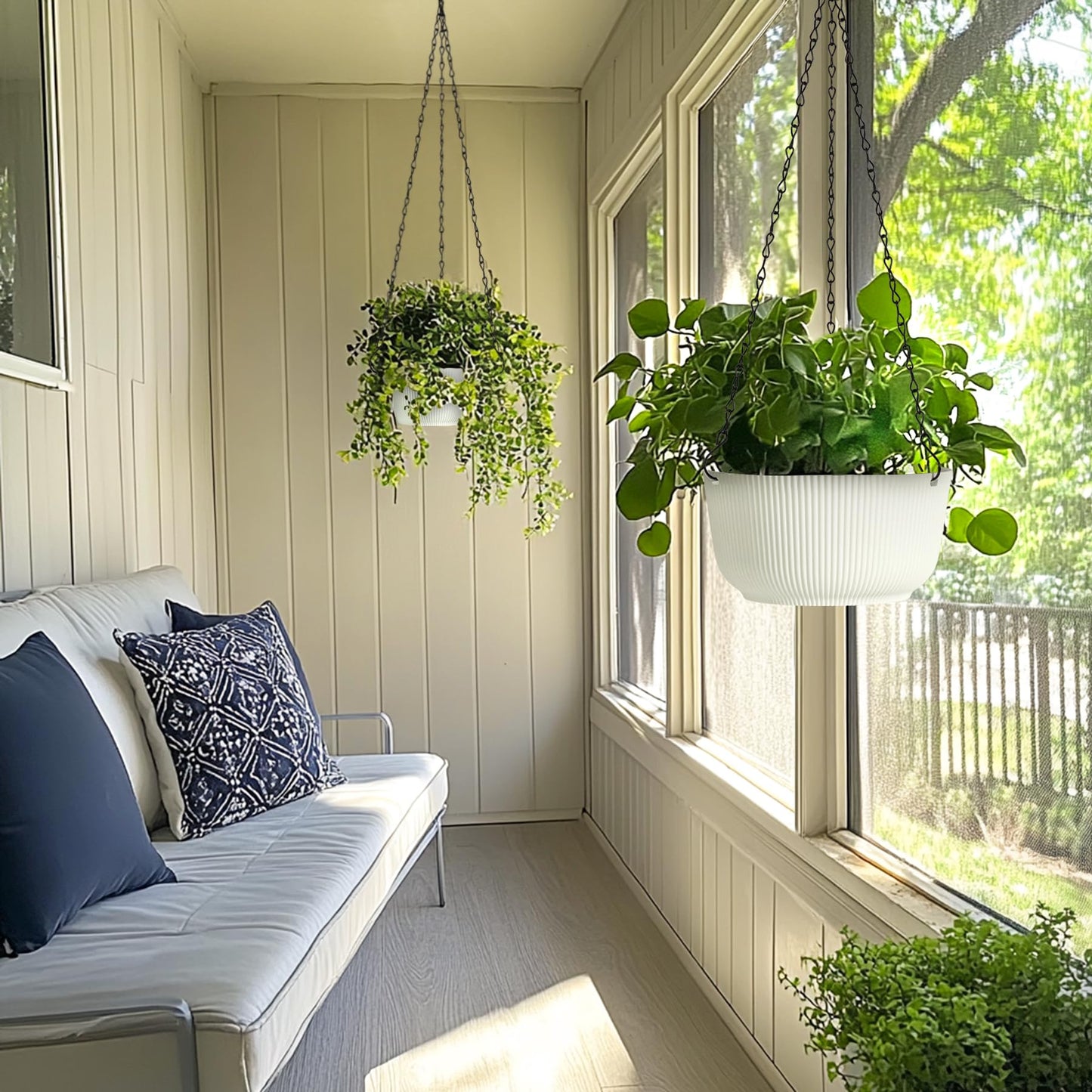 T4U 12 Inch Large Hanging Planters for Outdoor Plants, 2 Pack Self Watering Pots Indoor, Hanging Baskets for Plants,Hanging Flower Pot with Drainage Hole and Plant Hanger, White
