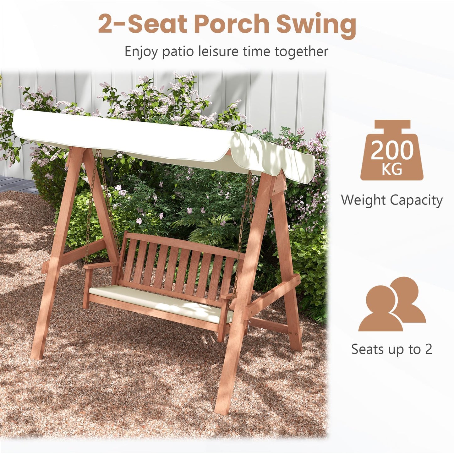 COSTWAY Outdoor 2-Seat Swing Chair Set, Wood Porch Swing Bench with Canopy, A Frame, Sturdy Metal Hanging Chains and Soft Seat Cushions, Swing Seat for Patio, Garden & Backyard