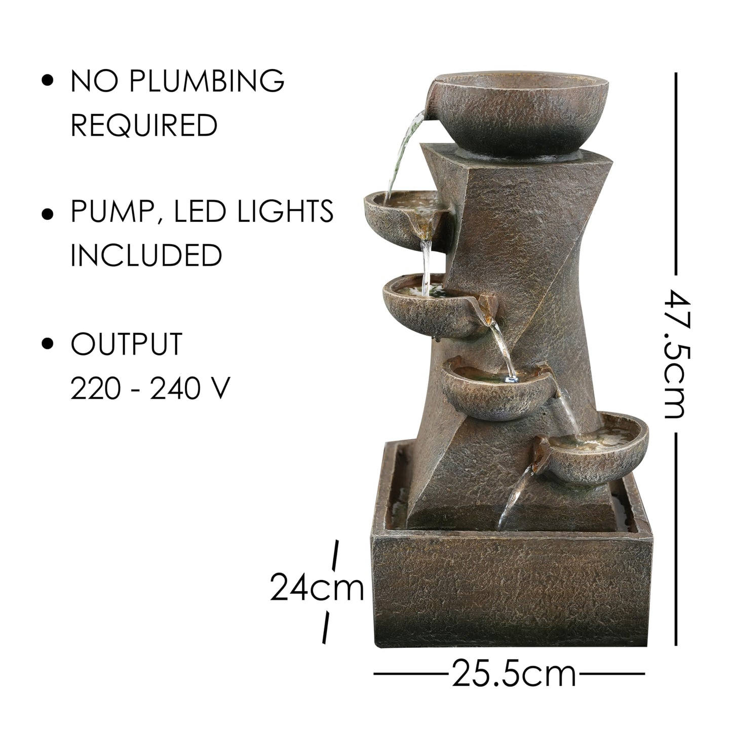 GEEZY Garden Water Feature – Cascading Fountain with LED Lights – Mains Powered, Self-Contained, Indoor & Outdoor – Easy Setup, Relaxing & Tranquil – Great for Garden, Home, Patio & Balcony Decor