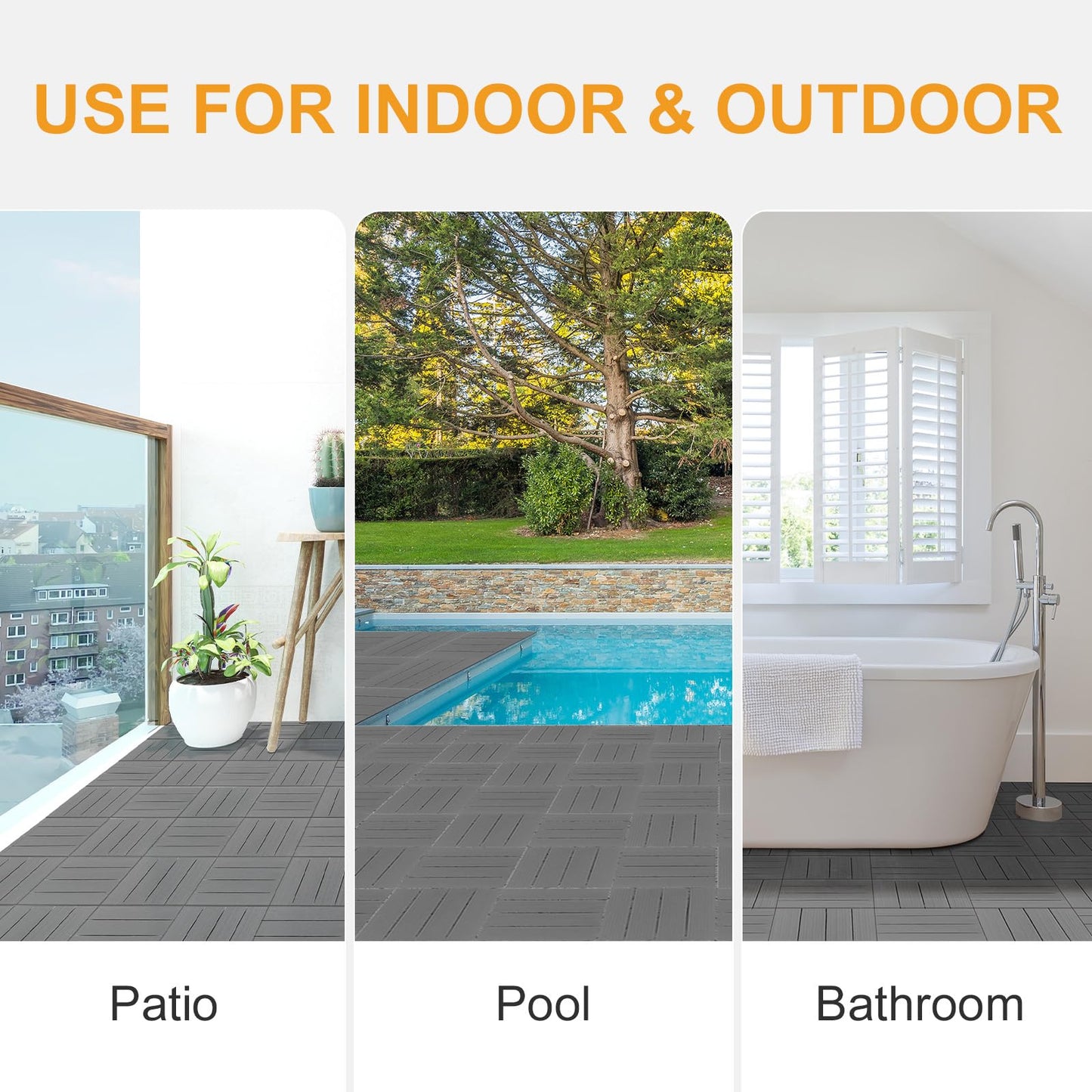 Bonnlo Composite Garden Decking Tiles, 27 Pcs Plastic Outdoor Flooring, 30x30cm Patio Paving Slabs Decking Squares Indoor & Outdoor Grey (Dark Grey)