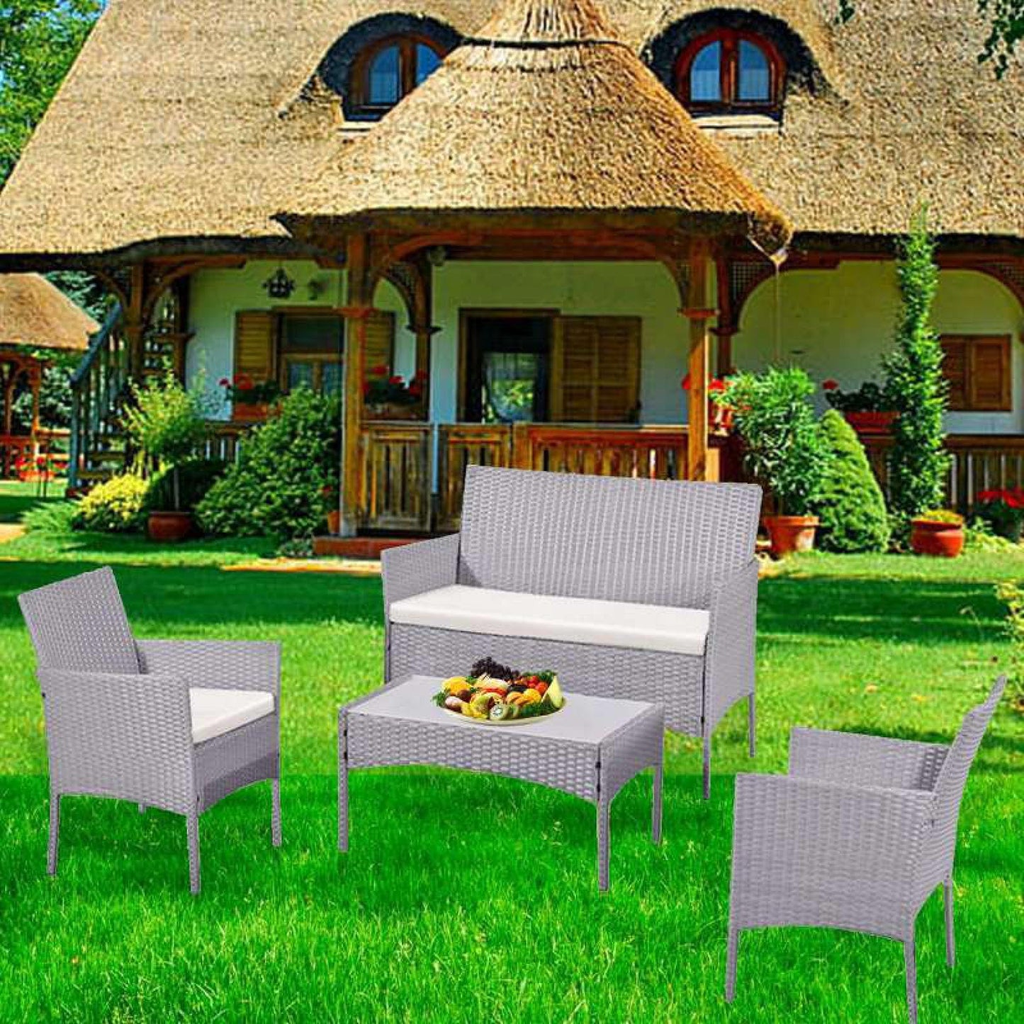 Mega Deals 4 Piece Rattan Garden Furniture Set | Outdoor Furniture Set | Patio table and chairs garden table set | Ideal for Pool Side, Balcony, Garden, Outdoor and indoor (Grey) (4-PC-Rattan)