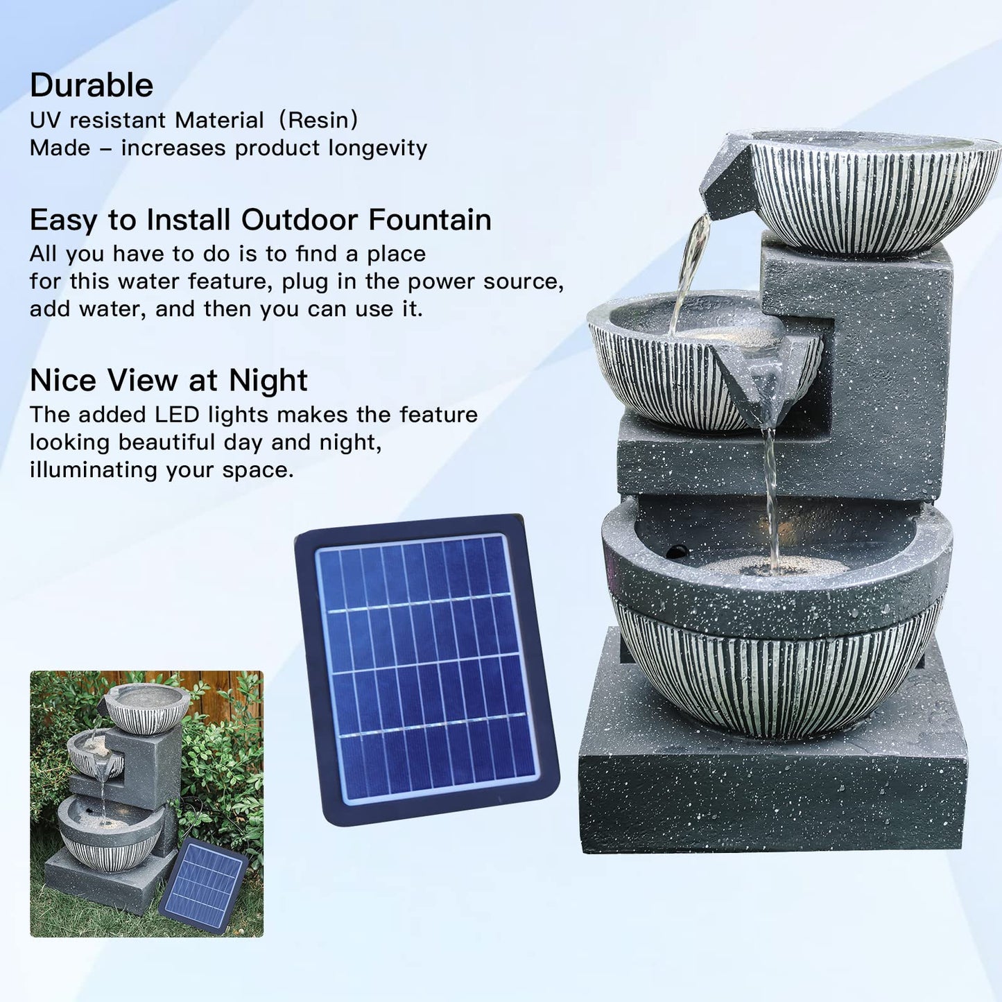 Garden Water Feature Decorate Cascading Tiered Water Fountain Pump Waterfall with LED Lights Indoor/Outdoor, Solar Powered, 3 Bowls