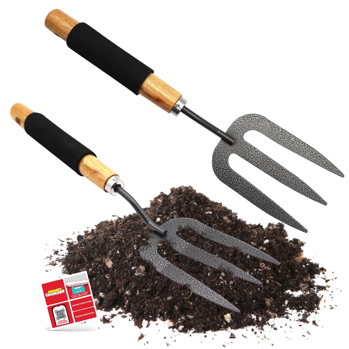 SOL 2pk Heavy Duty Garden Fork, 34.5cm Garden Hand Fork with Wooden Handle and Rubber Grip - Durable, Lighweight Design for Multi-Purpose Weeding and Planting Tool, For Gardeners of All Skill Levels