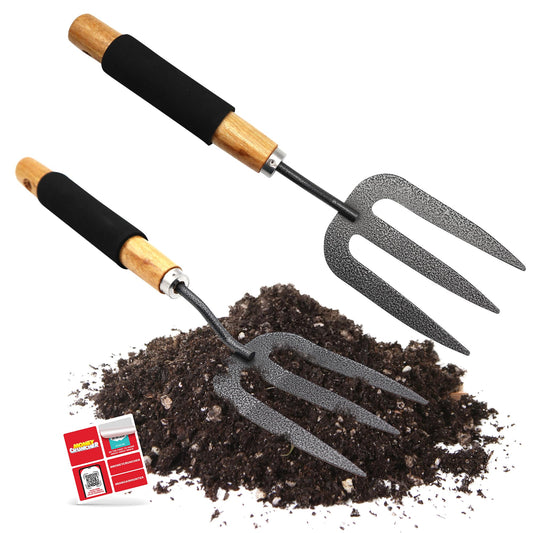 SOL 2pk Heavy Duty Garden Fork, 34.5cm Garden Hand Fork with Wooden Handle and Rubber Grip - Durable, Lighweight Design for Multi-Purpose Weeding and Planting Tool, For Gardeners of All Skill Levels