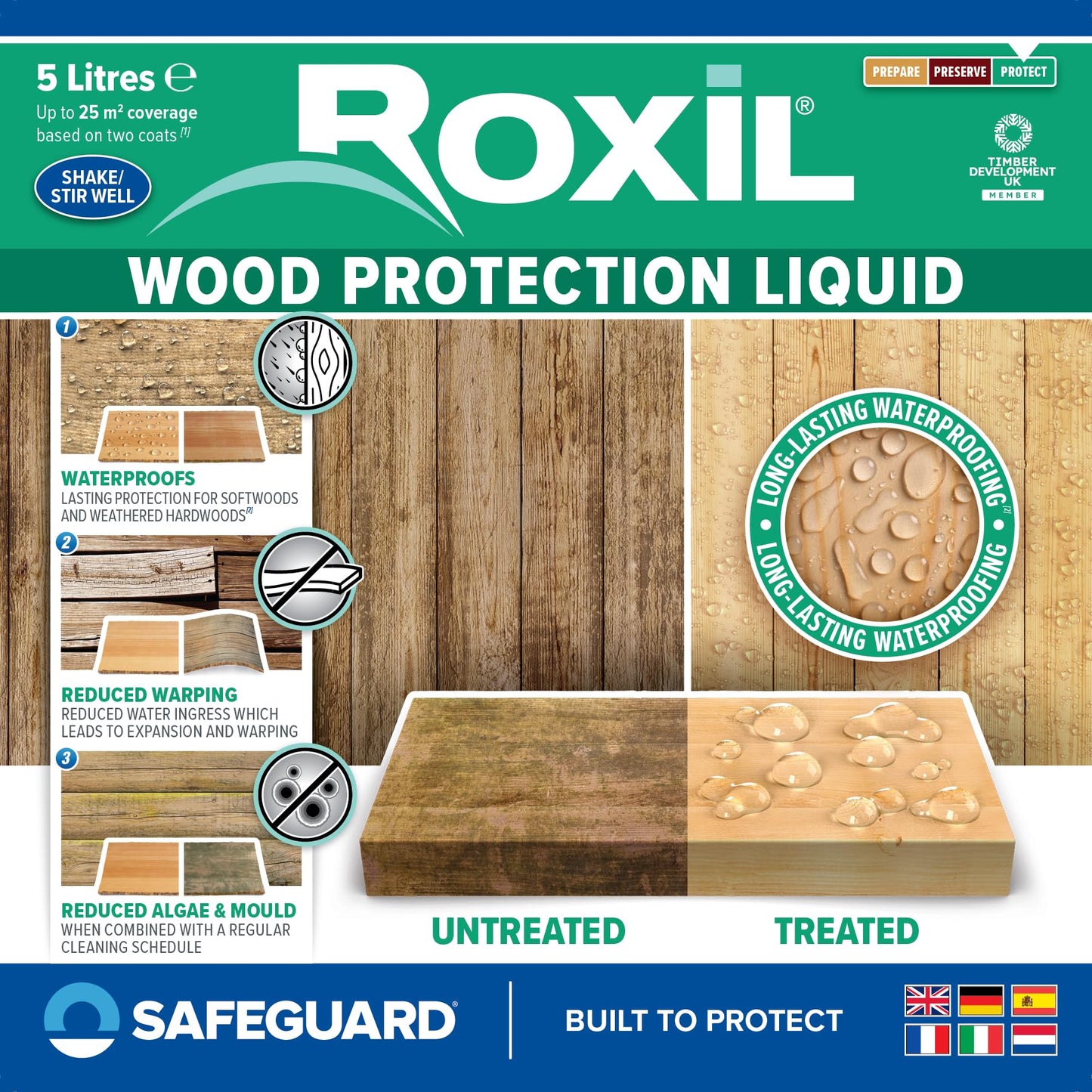 Roxil Wood Waterproofing Liquid (5L Clear) Wood Preserver Outdoor, Wood Sealer for decking, Fence, Sheds and Furniture