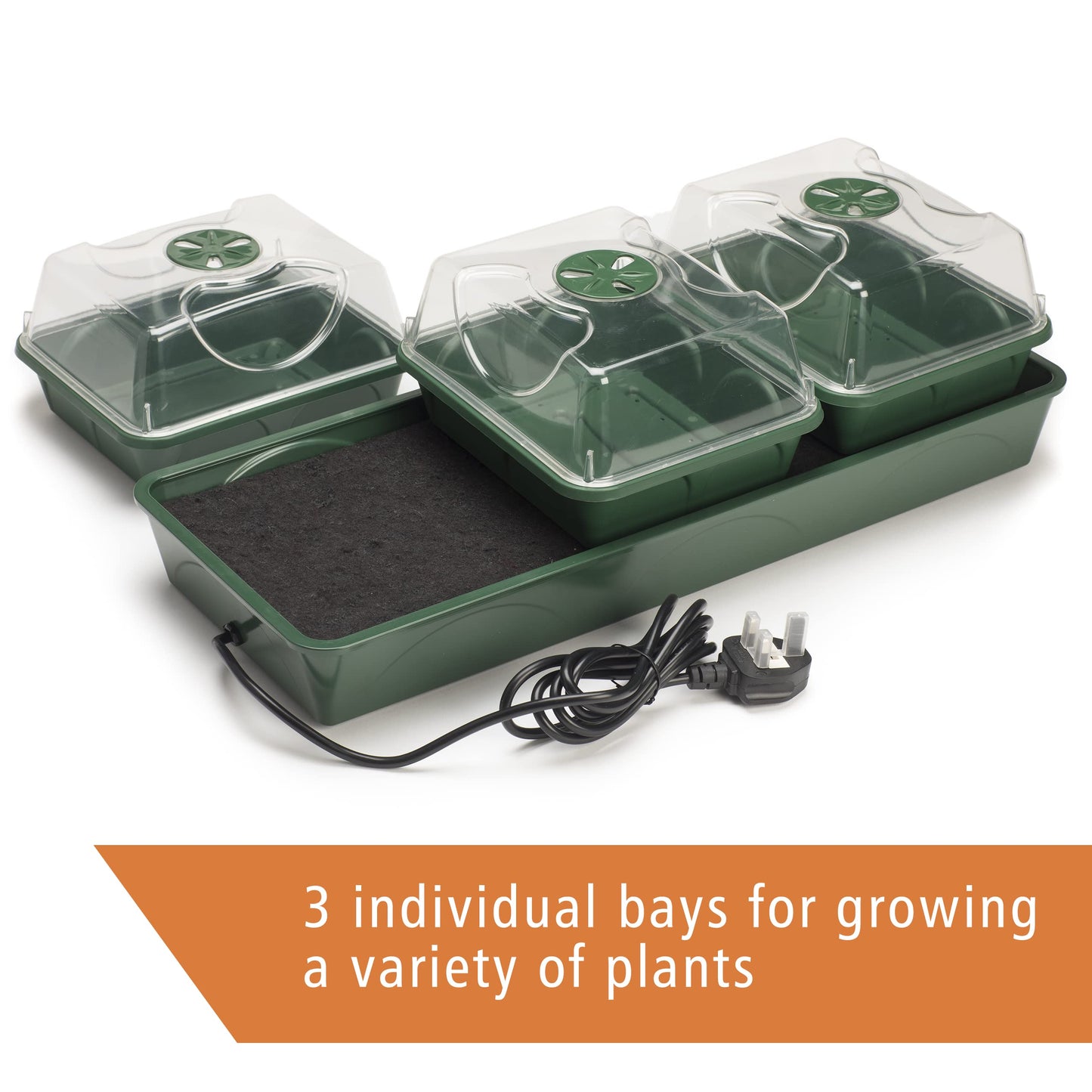 EarlyGrow Heated Electric Shatter Resistant 3-Bay Windowsill Propagator with Capillary Mat and Tray (Self-Watering)