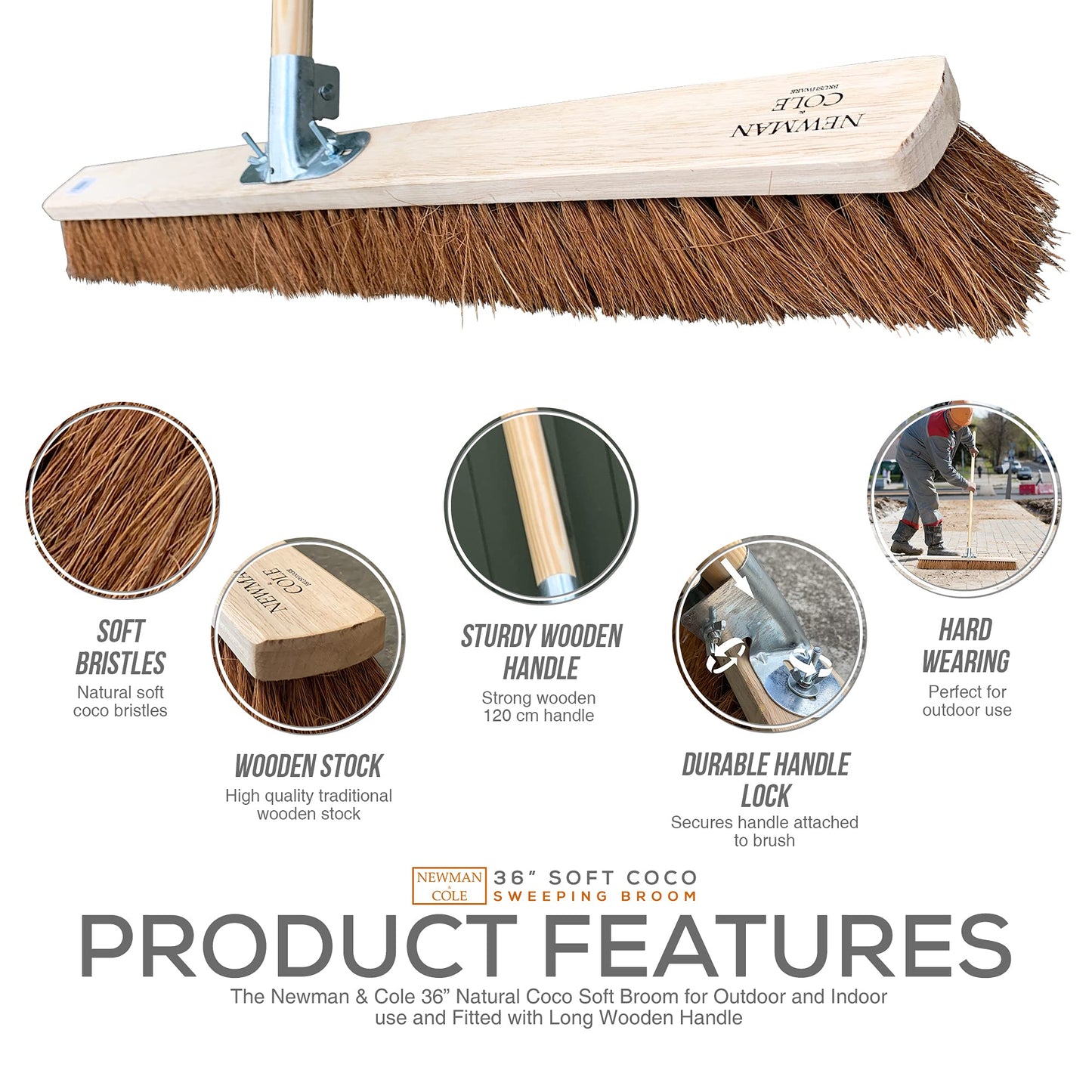 Newman and Cole 36” Wide Broom Indoor or Outdoor, Extra-Large Heavy Duty Broom Sweeping Brush for Warehouse Floors and Large Flat Surfaces (36” Natural Coco Soft Bristle Broom Complete with Handle)…