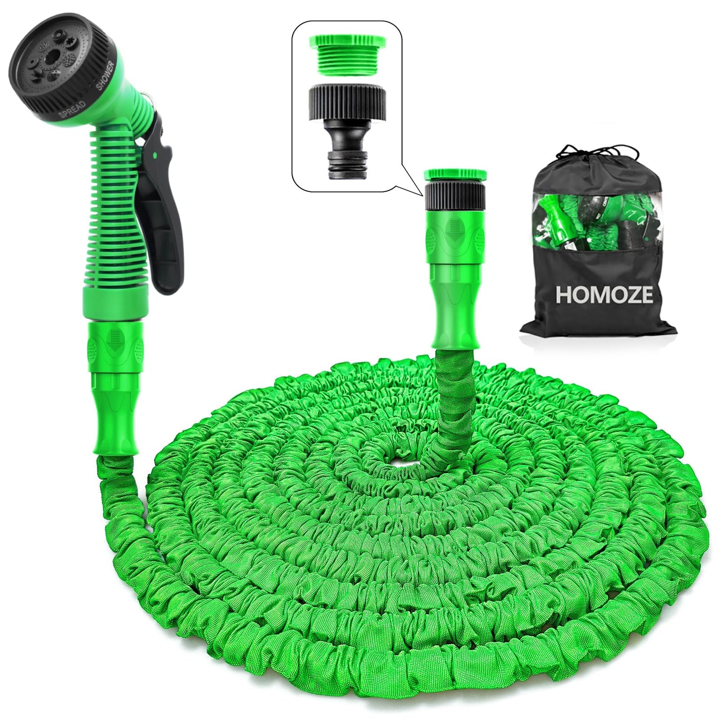 HOMOZE Garden Hose Pipe Expandable Garden Hose with 3/4", 1/2" Fittings, Anti-Leakage - Flexible Expanding Hose with 7 Function Spray Nozzle (50FT, Green)