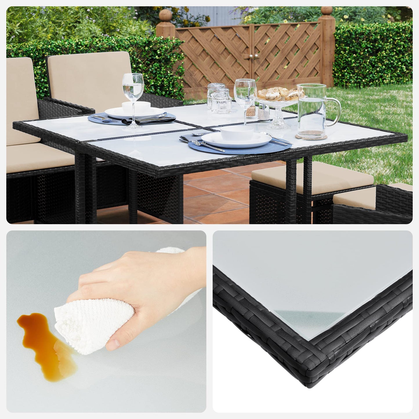 SONGMICS Garden Furniture Set Dining Table and Chairs, Set of 9 PE Rattan Outdoor Patio Furniture, Dining Furniture, Glass Top Coffee Table, with Cushions, Space-Saving, Black and Beige GGF091B02