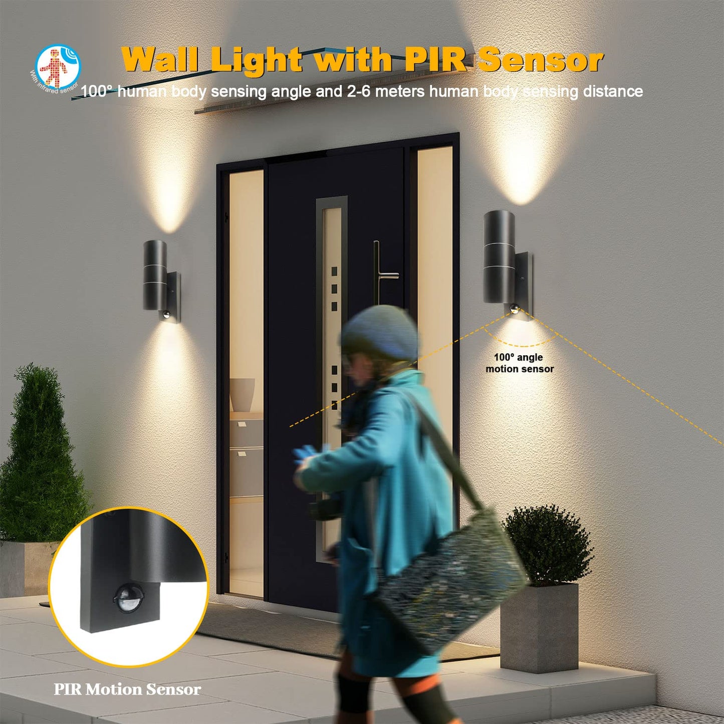 EXTRASTAR Black Outdoor Wall Lights PIR Motion Sensor, GU10 Base Double Up Down Exterior Wall Sconce, IP44 Stainless Steel Wall Light for Garden, Patio,Porch, Garage（Bulb not Included）