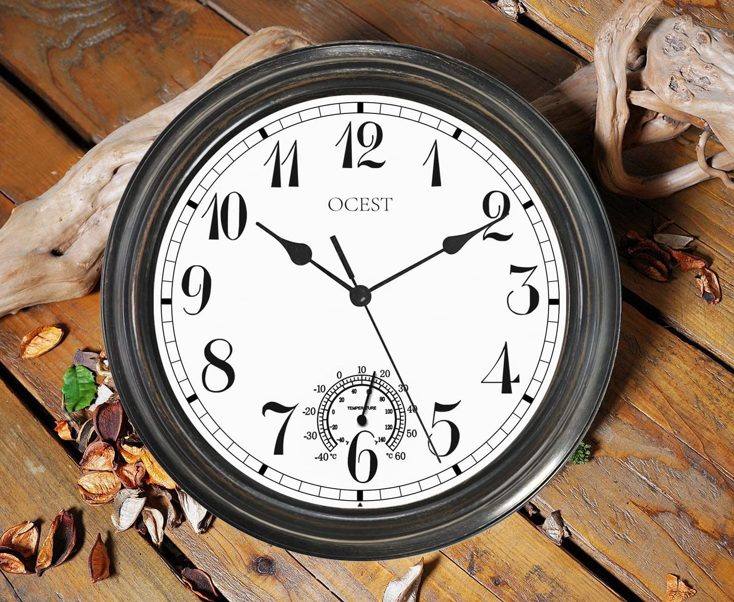 OCEST 12Inch Outdoor Garden Clock, Waterproof Wall Clocks with Thermometer, Weather-Resistant Non-Ticking Battery Operated Decor Decor for Patio Pool Lanai Porch Kitchen Bathroom