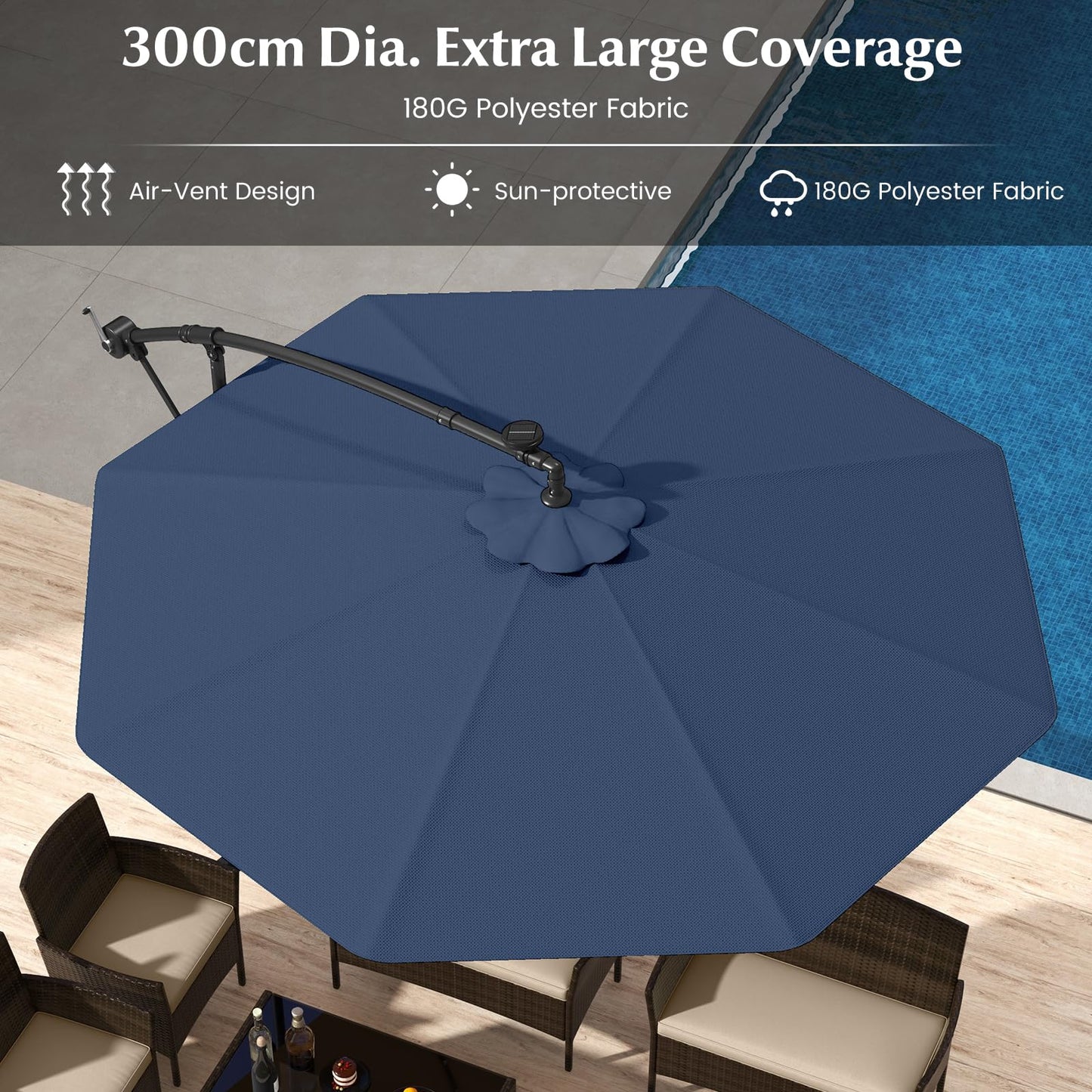 COSTWAY 3M Cantilever Garden Parasol, Hanging Offset Umbrella with 40 LED Lights, Solar Panel Batteries & Sand Bag, Outdoor Water-proof Canopy Sunshade Shelter for Patio Balcony (Navy)