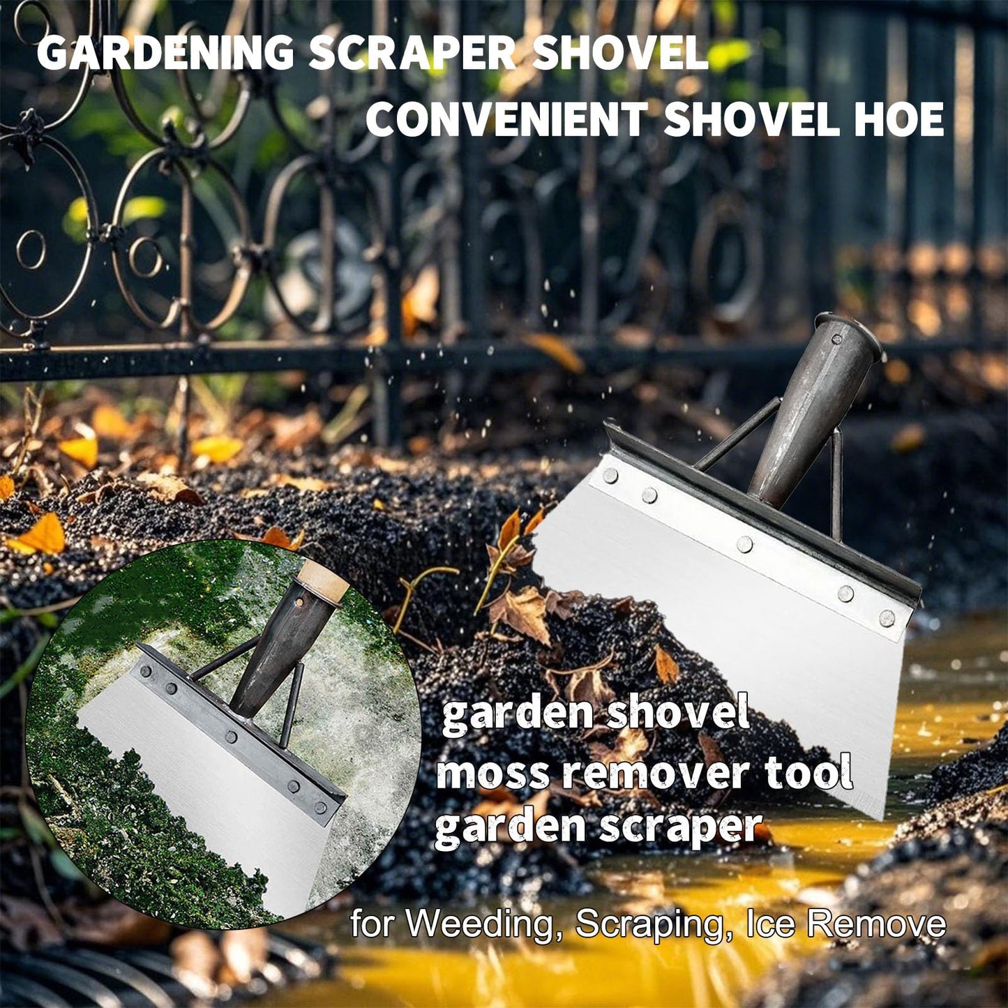 Multifunctional Garden Shovel, Outdoor Garden Cleaning Shovel, Multi Functional Garden Tools, Moss Scraper, NOT INCLUDED HANDLE, Stainless Steel, Patio Weed Remover Tool (25cm)