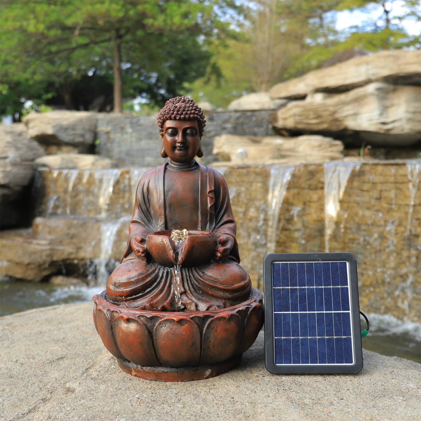 BTGGG Solar Powered Garden Water Feature Indoor/Outdoor Fountain Meditating Buddha Water Fountain Yard Garden Water Feature with LED Light Statues Patio Decoration
