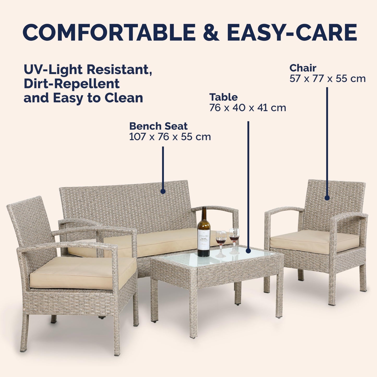 CASARIA® 7pc Weatherproof Polyrattan Garden Furniture Set | Suitable for up to 4 People | Outdoor Patio Seating Group with 2 Armchairs, Bench, 3 Cushions, & Frosted Glass Top Table | Cream