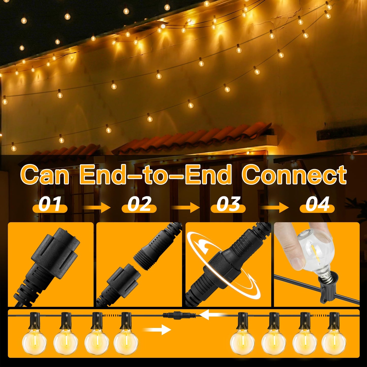 Ollny Festoon Lights Outdoor 15m, Christmas LED String Light Mains Powered, Waterproof with Plug/25-2 Shatterproof G40 Bulbs/Hook, Bright Warm White Lighting Outside Indoor Tree Garden Decorations