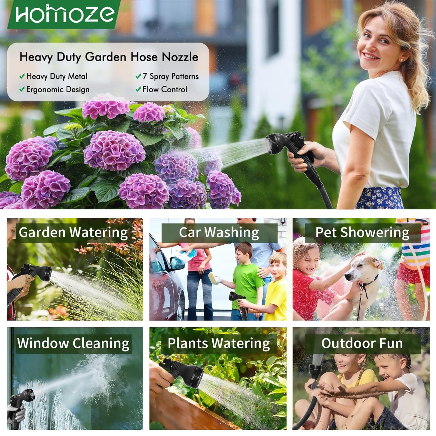 HOMOZE Expandable Garden Hose 50ft Hose Pipe Expandable with 3/4", 1/2" Fittings, Anti-Leakage - Flexible Expanding Hose with 7 Function Spray Nozzle