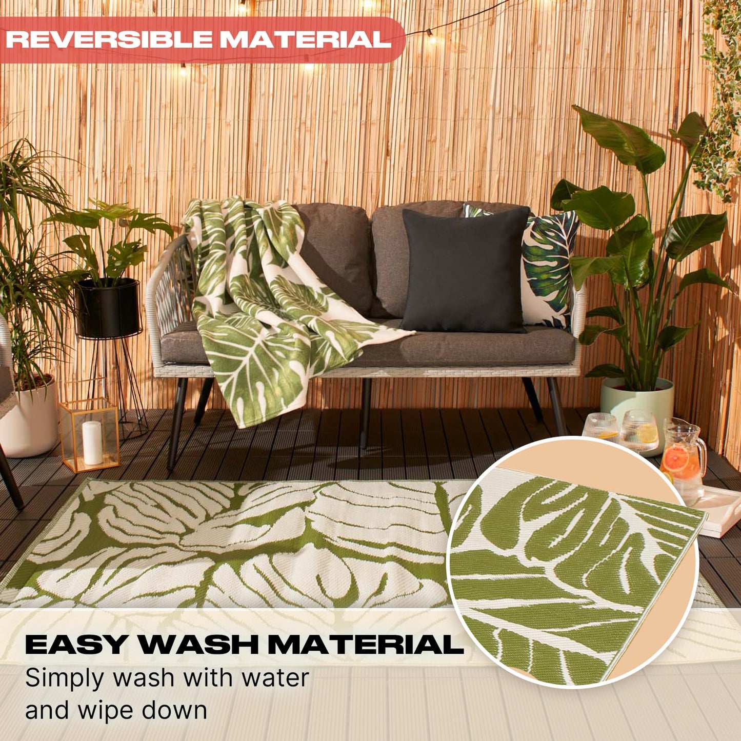 Dreamscene Outdoor Rugs for Garden Palm Tree Leaf, Green Round Outdoor Rug Garden Mats Water Resistant Foldable Easy Storage Summer Patio Decking Reversible, 170cm