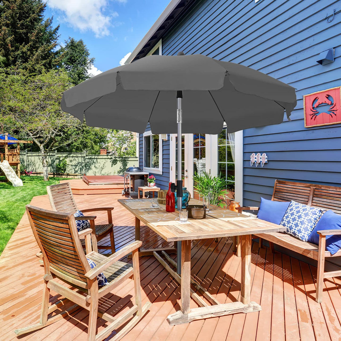 LIFERUN 2 X 2M Parasol, Market Umbrella, Round Garden Umbrella, 8 Steel Braces, Base Not Included, Patio Umbrella, Sun Protection UV 50- for Garden, Balcony and Patio, Grey