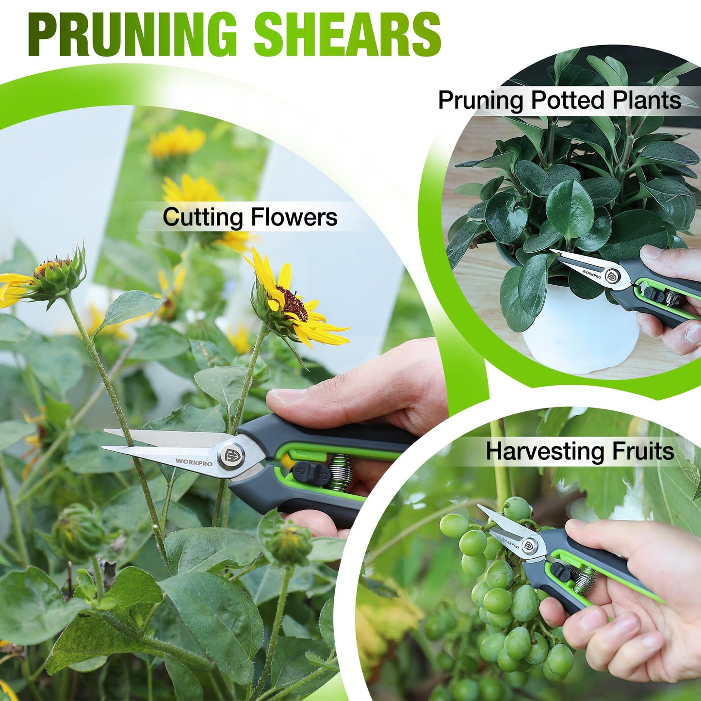 WORKPRO 2-Piece Secateurs & Pruning Scissors | Heavy Duty 210mm Bypass Secateurs with SK5 Blades and 160mm Shears | Labor-Saving Scissors with Safty Lock | Essential Garden Tools for Pruning Flowers