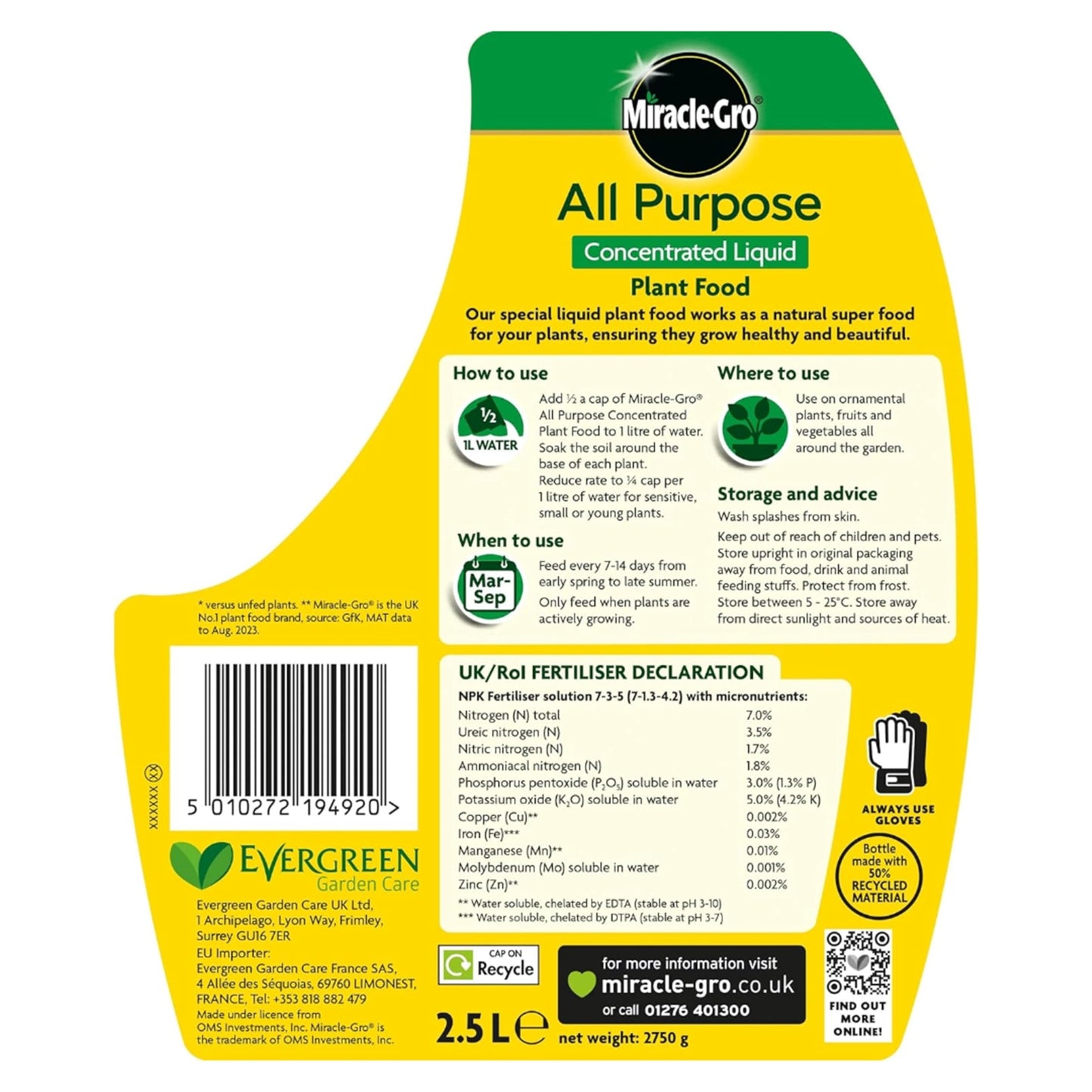 Miracle Grow Plant Food Fertiliser - All Purpose 2.5L Plant Feed Concentrated Liquid with Topline Card. Child & Pet Friendly Garden Fertilizer for Outdoor & Indoor House Plants, Vegetables