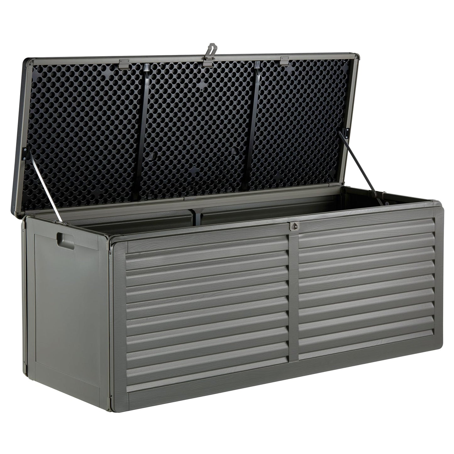 VonHaus Garden Storage Box 390L – Outdoor Utility Chest Organiser – Weatherproof Plastic, Lockable Lid, Sliding Bar Hinge, Carry Handles, Portable – For Garden, Patio, Balcony, Decking – Grey, Black