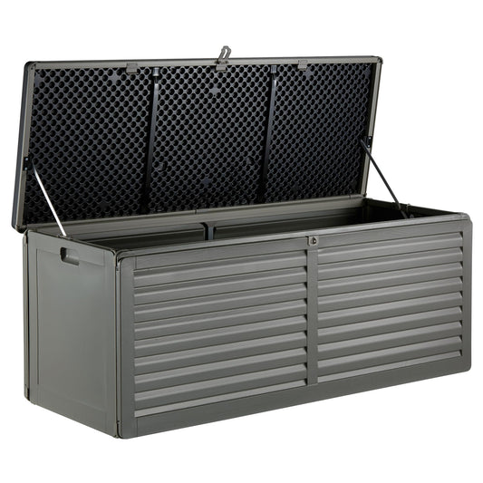 VonHaus Garden Storage Box 390L – Outdoor Utility Chest Organiser – Weatherproof Plastic, Lockable Lid, Sliding Bar Hinge, Carry Handles, Portable – For Garden, Patio, Balcony, Decking – Grey, Black