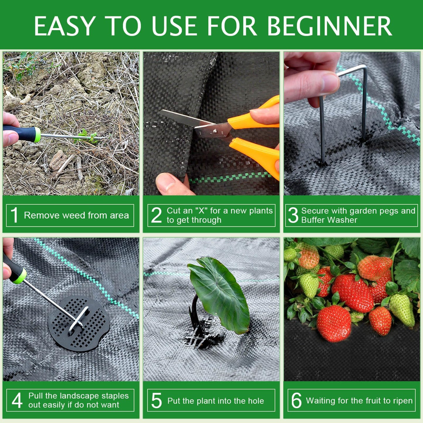 ZEAKKCEE 2M X 5M Weed Control Membrane, 90gsm Premium Heavy Duty Weed Barrier Landscape Fabric Mat, Ground Cover for Landscaping Patios Gardening Farming with 20 U-Shaped Securing Pegs Washers